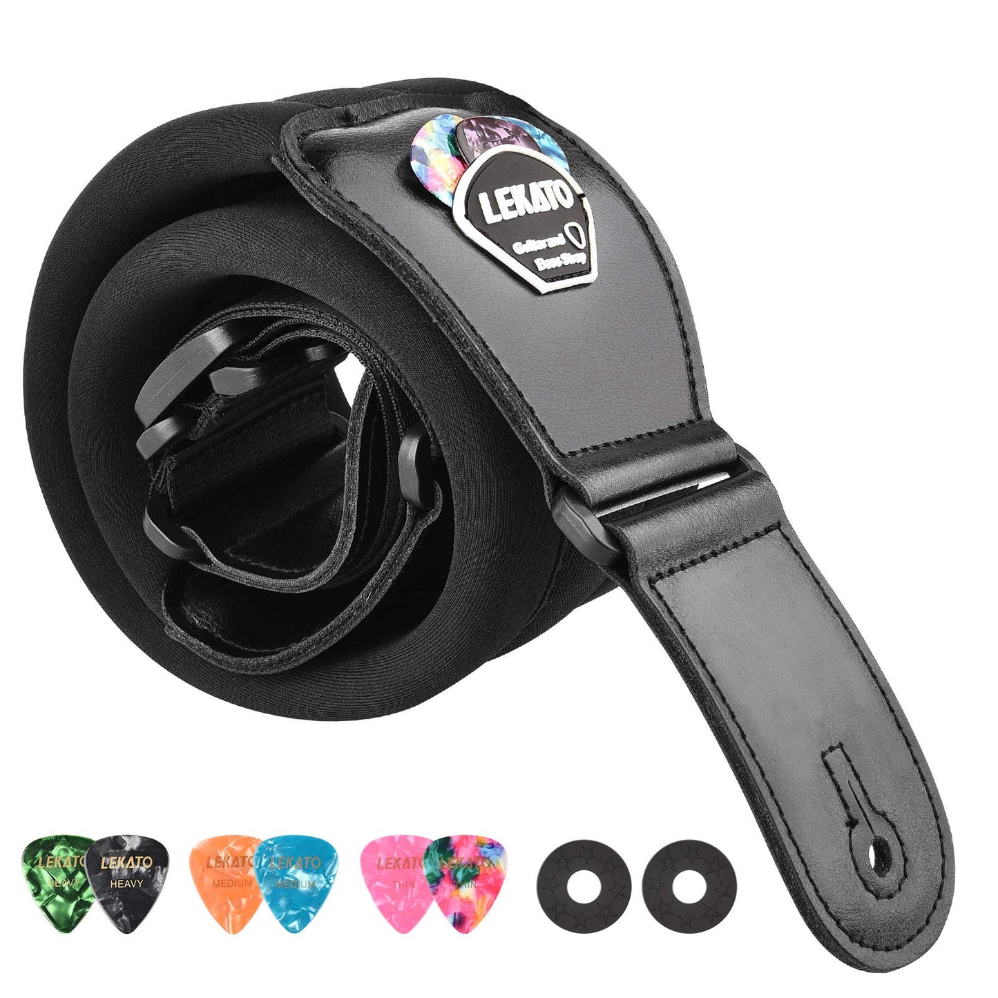 LEKATO Bass Guitar Strap for Electric Guitar 3" Wide and Adjustable Length from 45" to 55" Bass Strap with Pick Holders 2 Safety Strap Lock and 6 Picks