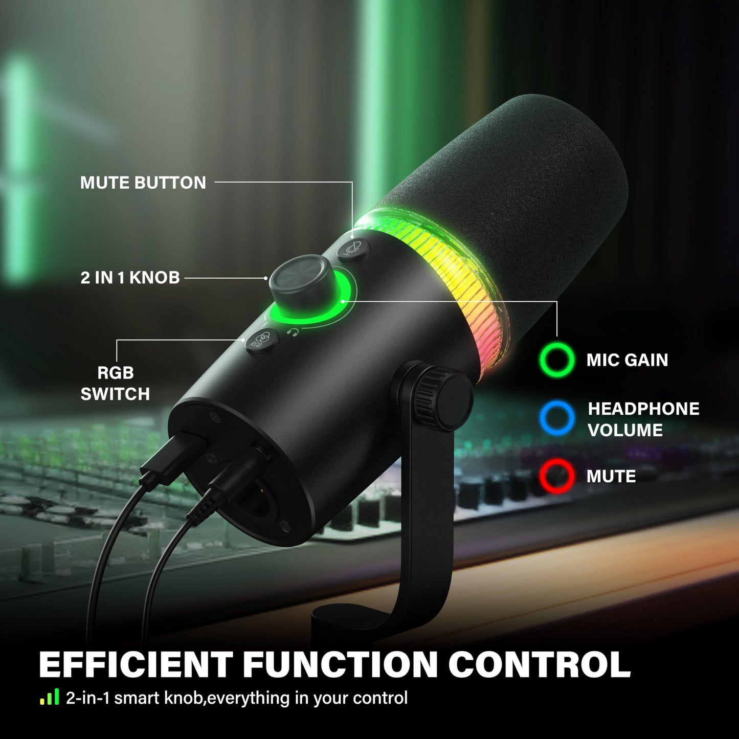 USB/XLR Dynamic Podcast & Gaming Microphone for PC, Vocal Mic with RGB Lighting, Tap-to-Mute, Gain Control & Headphone Monitoring for YouTube Streaming