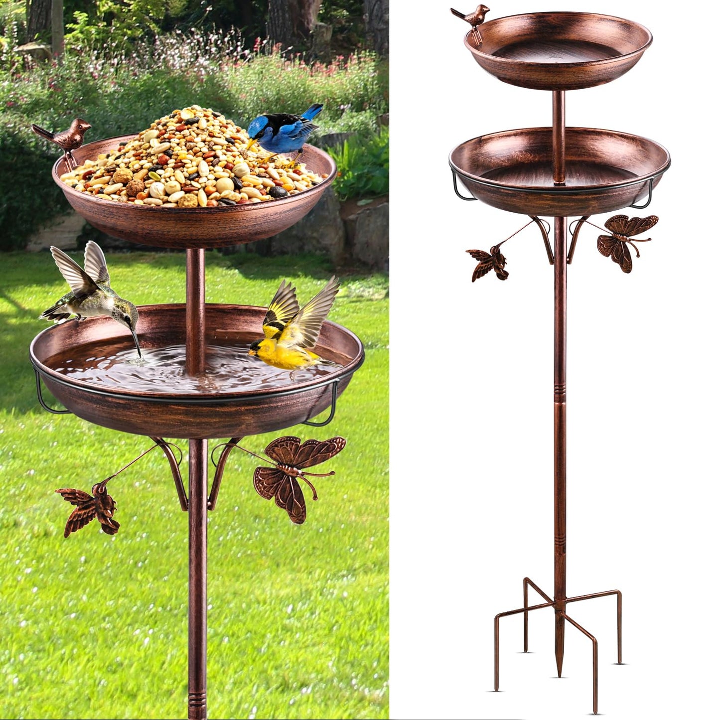 2 in 1 Bird Bath for Outside, 42In Tall Free Standing Birdbaths Outdoor, Metal Bird Feeder Bowls for Garden Lawn Decor, Antique Bronze
