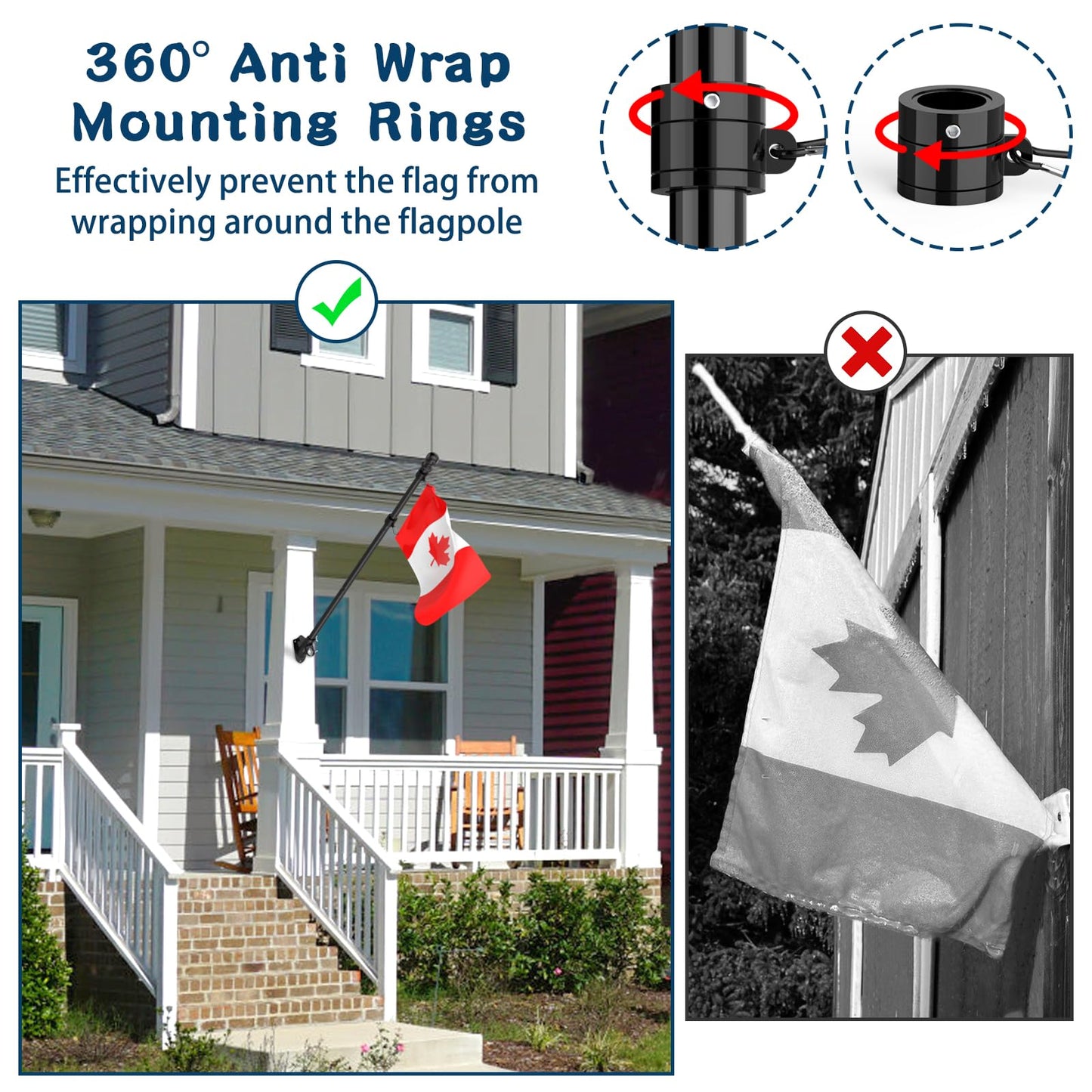 Hanotic 6FT Flag Pole with Canada Flag, with Mounting Bracket, 360° Tangle Stainless Steel, Residential or Commercial, for Garden, Yard, Patio