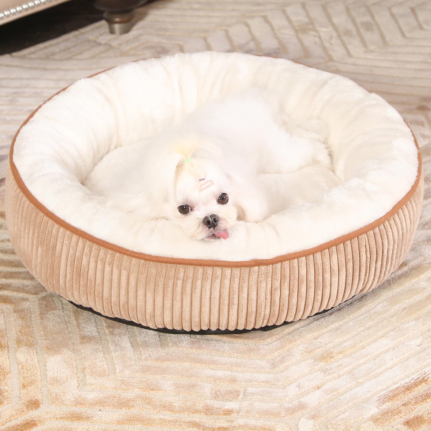 Bedfolks Donut Cat and Dog Bed,20 Inches Calming Round Dog Beds for Small Dogs,Washable Anti Anxiety Cuddler Puppy Bed with Non-Slip Bottom(Brown,XS)