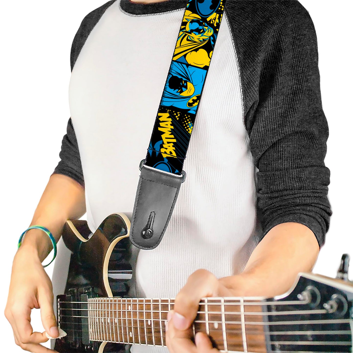 Buckle-Down DC Comics Guitar Strap, Batman Poses and Logo Collage Black Blue Yellow, 2 Inches Wide, Blue, 2" Wide - 29-54" Length