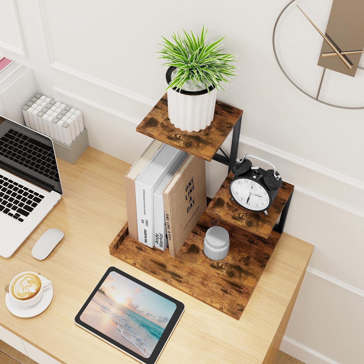 ELITEROO Desk Shelf Organizer, Wood Desktop Organizer Small Bookshelf, 3 Tier Storage Shelf Riser Display Stand for Office Decor and Desk Accessories (Rustic Brown)