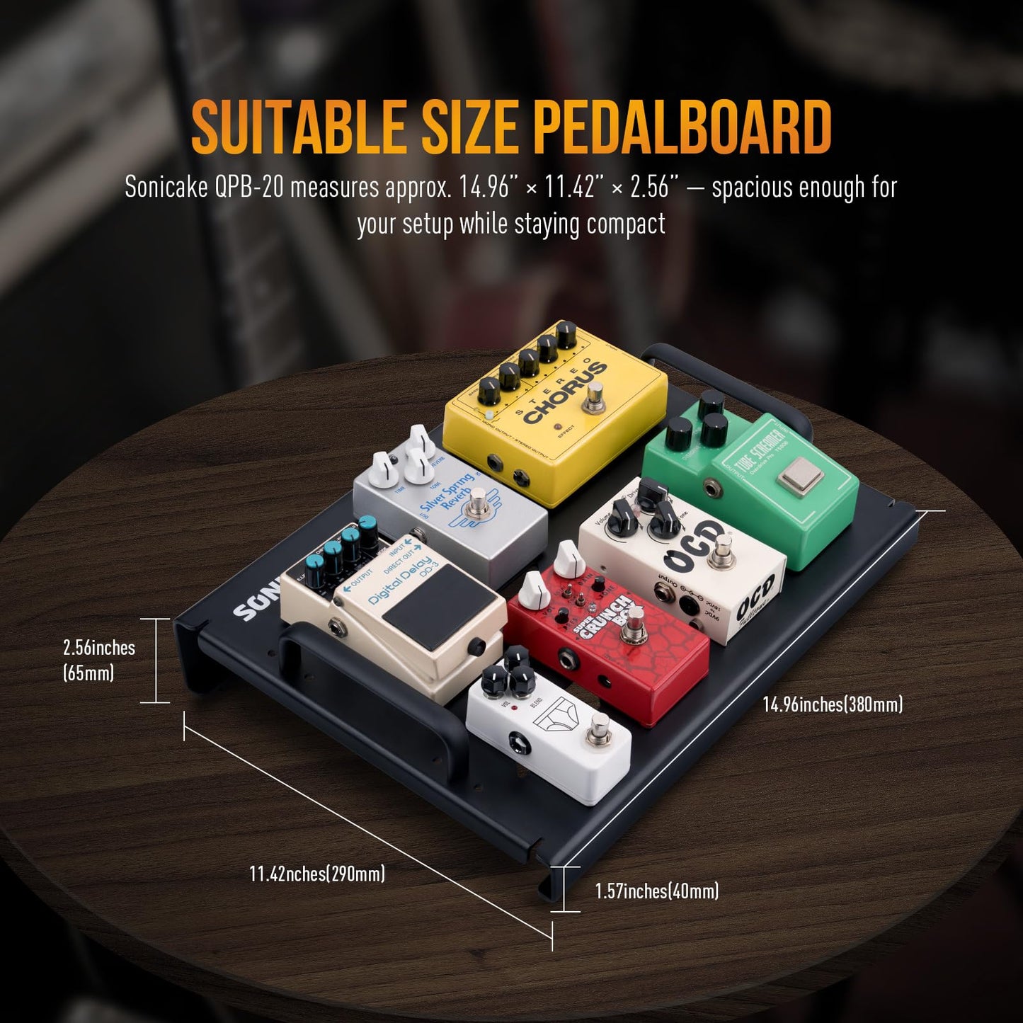 SONICAKE QPB-20 Mini Aluminium Guitar Pedalboard Pedal Board for Guitar Effects 38 x 29 x 6.5 cm with Pedals Ribbon and Black Ties