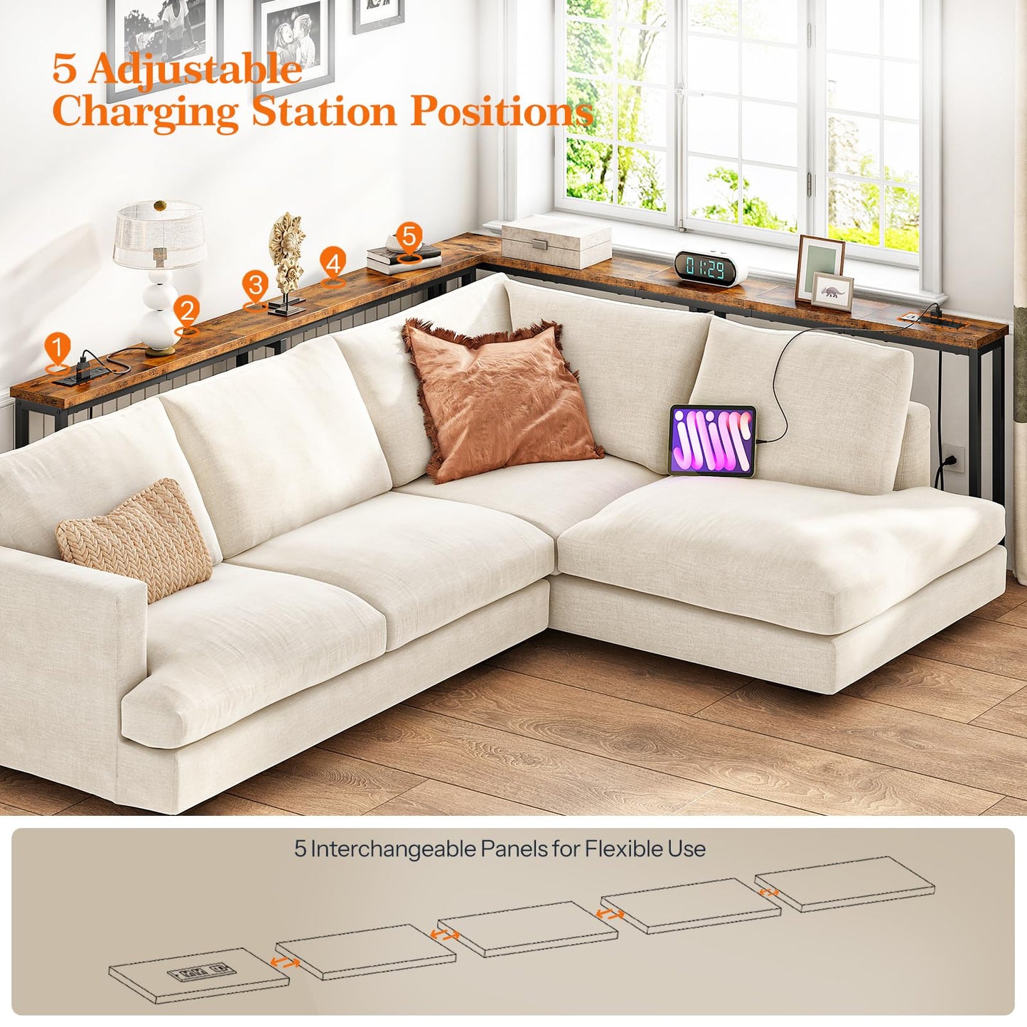 HOOBRO 160 cm Skinny Console Table with Charging Station, Narrow Entryway Table with Power Outlets, Slim Sofa Table, Behind Couch Table for Hallway, Living Room, Foyer, Rustic Brown BF165UXG01G1