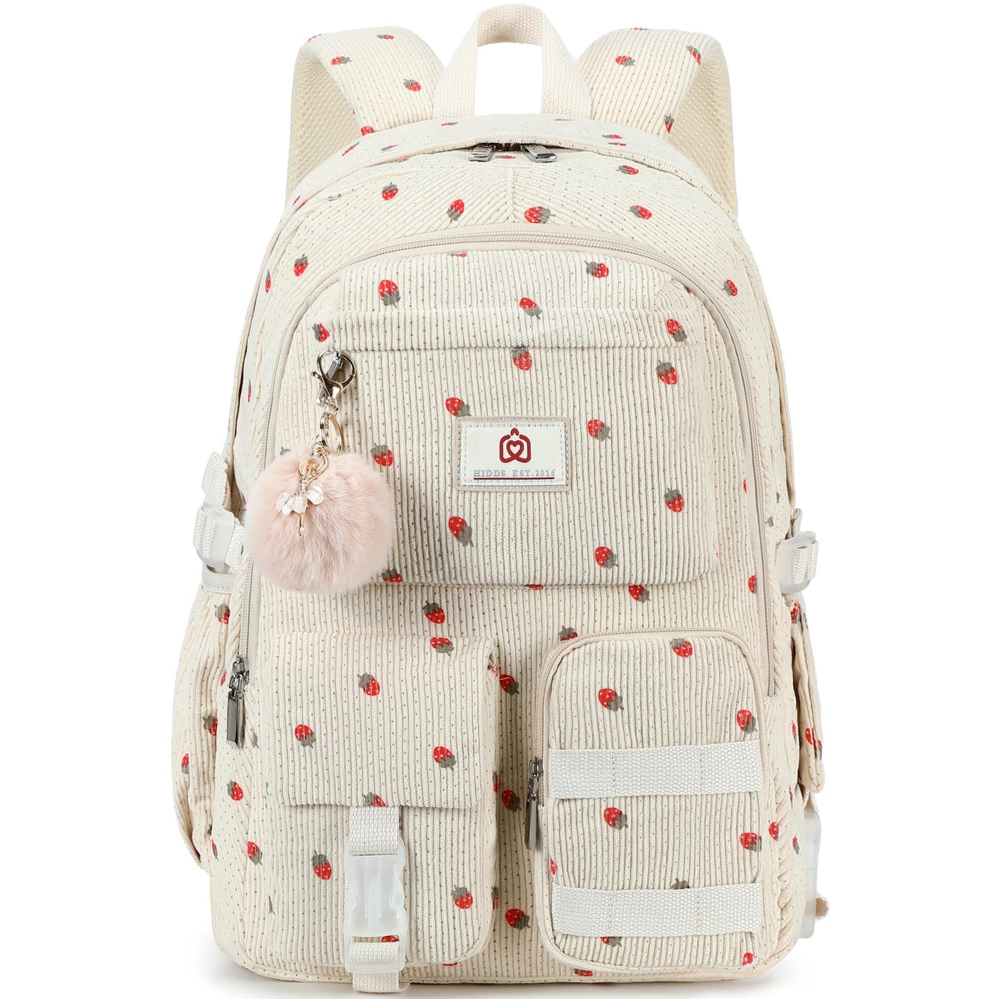 School Laptop Backpack for Teens Girls Women College Backpacks Corduroy Bag Students Bookbag Anti Theft Travel Daypack (Beige Strawberry)
