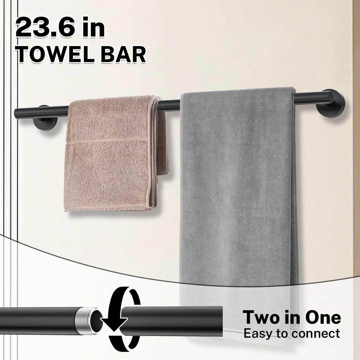 5 Piece Matte Black Towel Bar Set Round Bathroom Hardware Set Includes 23.6in Towel Bar Round Towel Ring Toilet Paper Holder Towel Hooks Stainless Steel Wall Mount Bathroom Accessories Set