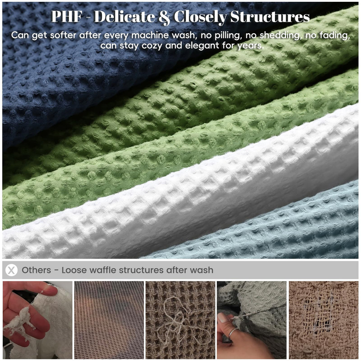 PHF 100% Natural Cotton Waffle Blanket Queen Size, Washed Soft Lightweight Breathable Comfy Throw, Elegant Decor for Bed Sofa Office Car, Essential Bedding for All Seasons, White, 90" x 90"