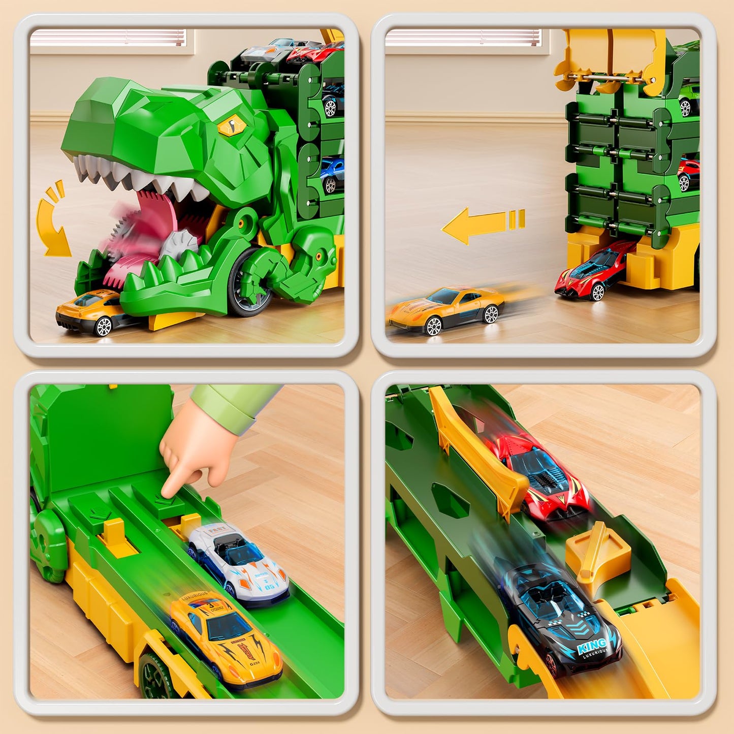 Ci vetch Dinosaur Race Track Toys for Ages 3-4 4-6, 59-inches Transport Dinosaur Truck with 12 Die-cast Cars, Carrier Truck Toy Birthday Gifts Toys for 3 4 5 6 Year Old Boy