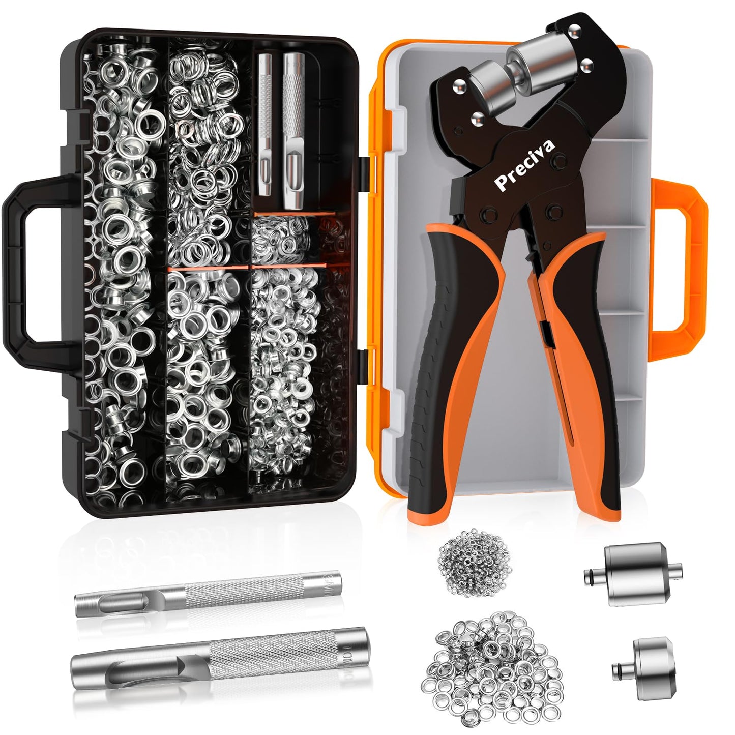Preciva Grommet Tool Kit, Interchangeable Double Head Handheld Grommet Eyelet Plier Set for Advertising Poster, Banner, Portable Manual Puncher with 400pcs Silver Grommets (1/4 and 3/8 size with case)