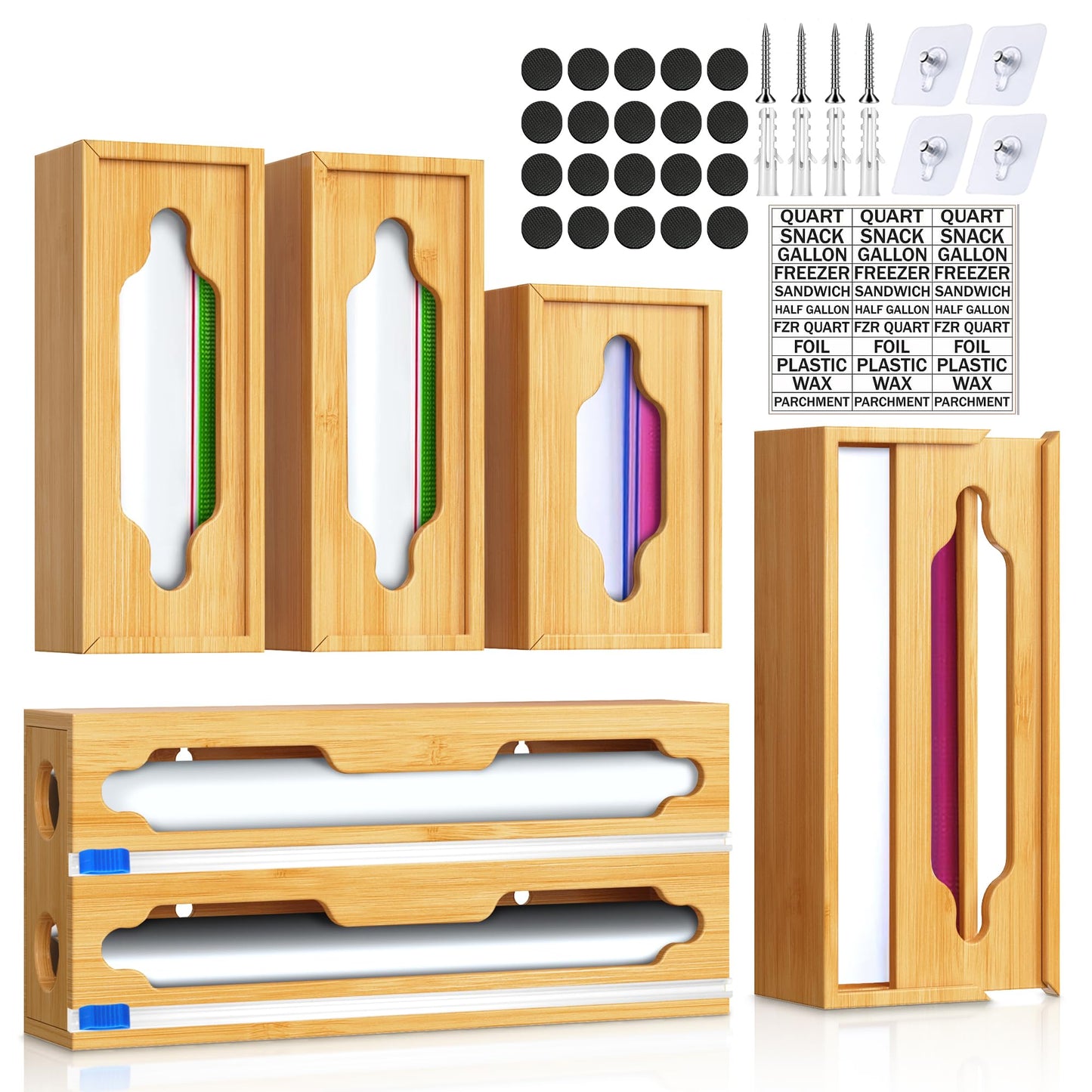 YITOBA 6 In 1 Bag Storage Organizer With Foil and Plastic Wrap Dispenser, Extended Aluminum Foil Holder, Bamboo Baggie Drawer for Gallon, Quart, Snack