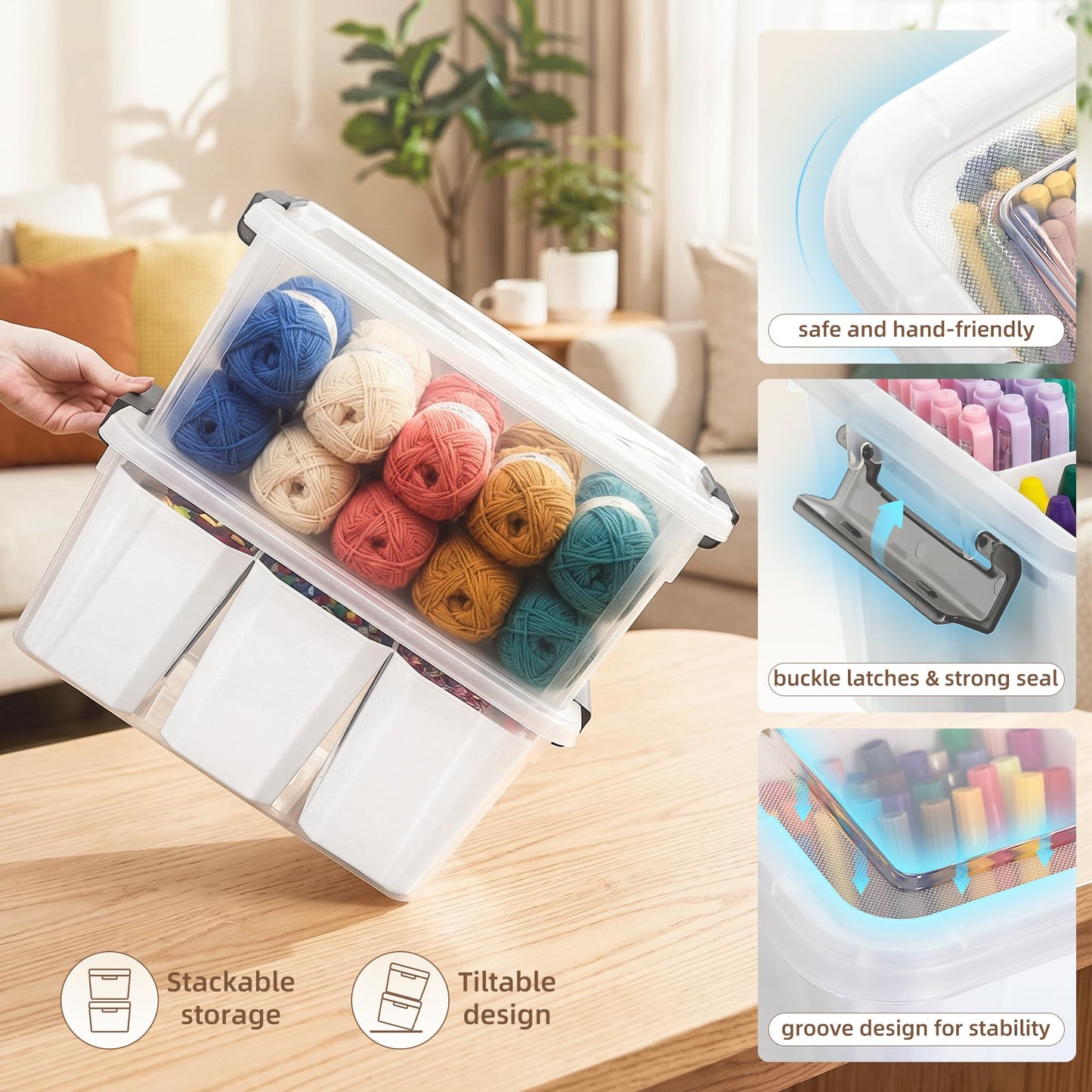 Citylife 17 QT Plastic Storage Bins with 6 Detachable Inserts Clear Storage Box with Lids Multipurpose Stackable Storage Containers for Organizing Crayon, Tool, Craft
