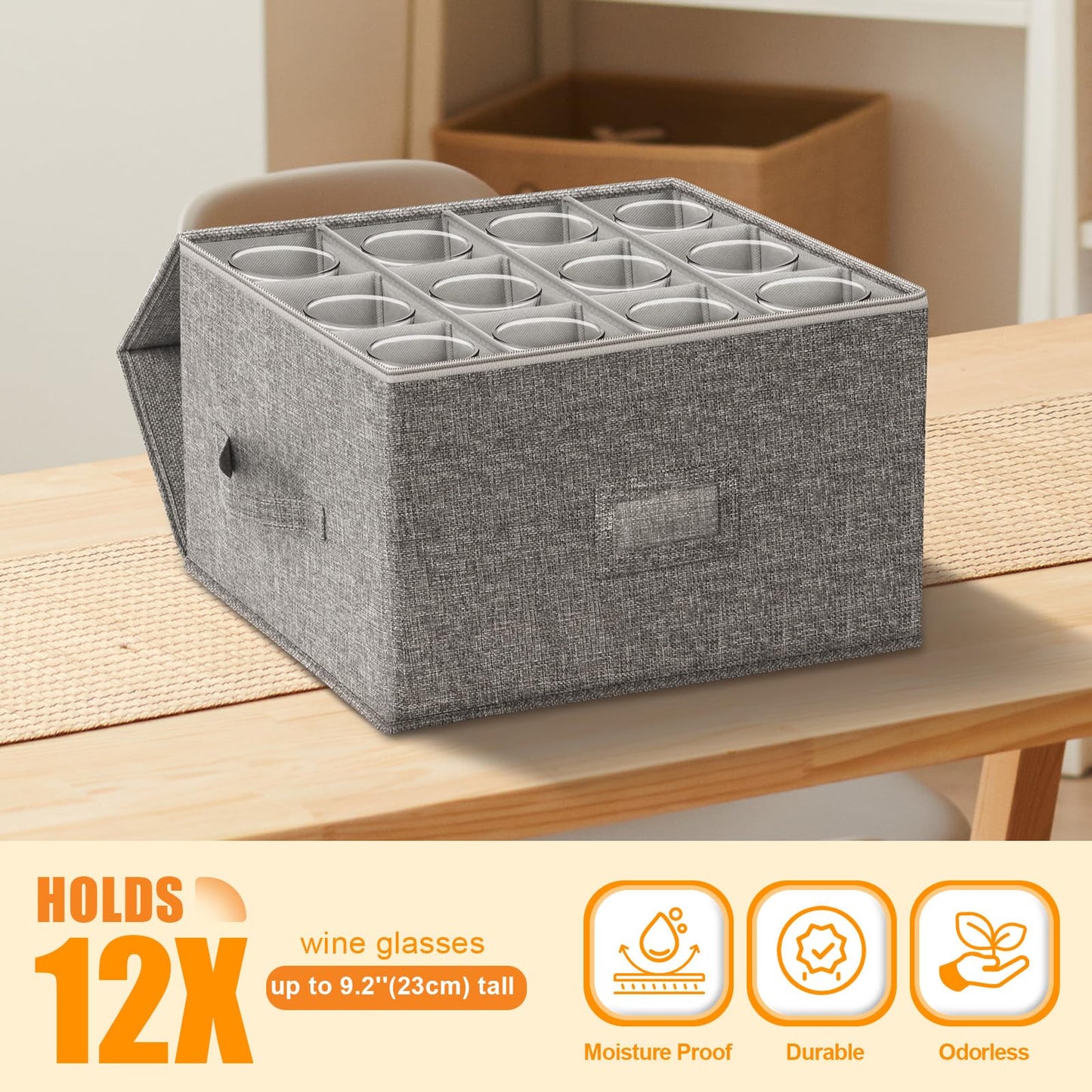 2 Pack Wine Glass Storage Box, Hard Shell Glassware Storage Containers with Dividers, Stackable Stemware Storage Cases for 24 Red or White Wine Glasses, Crystal Drinkware, Moving boxes with Label Grey