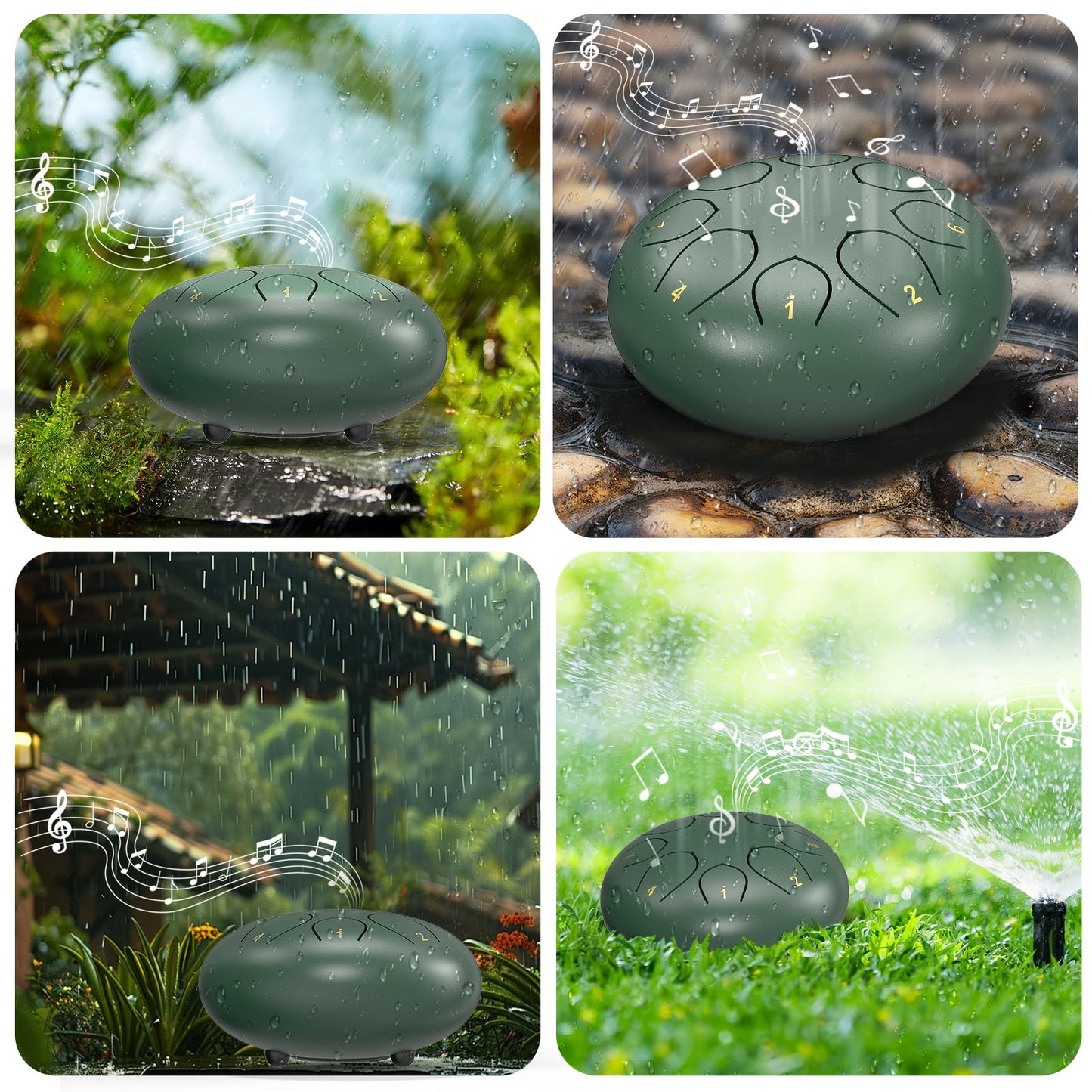 Rain Drum for Outside Garden, 6 Inches 8 Notes Steel Tongue Chakra Drum, Balmy Meditation Panda Drum, Musical Instruments for Kids, Adults Gift Sound Healing (Green)