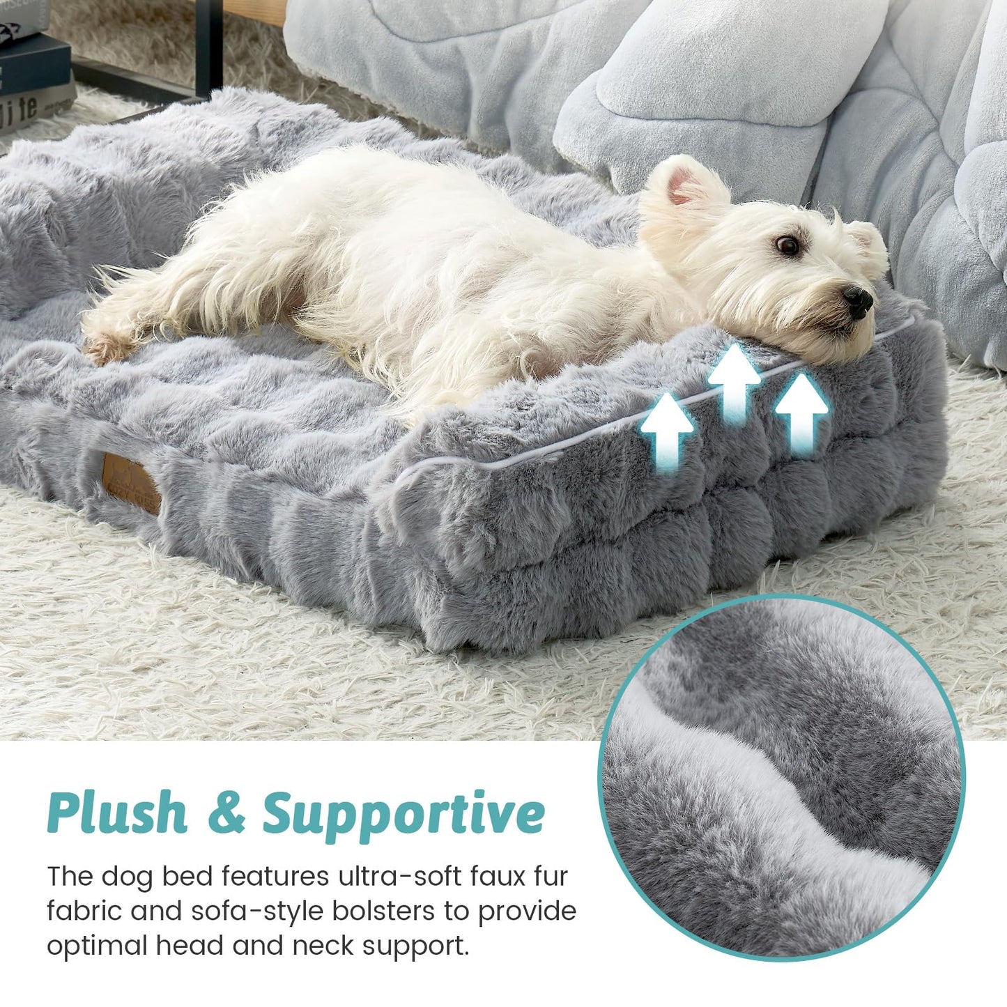 COZY KISS Faux Fur Orthopedic Dog Bed, Dog Bed for Medium Size, Pet Sofa with Removable Leak-Proof Cover, Washable U-Shaped Pet Couch with Anti-Slip Bottom, Grey L 36x27x6.5 inch