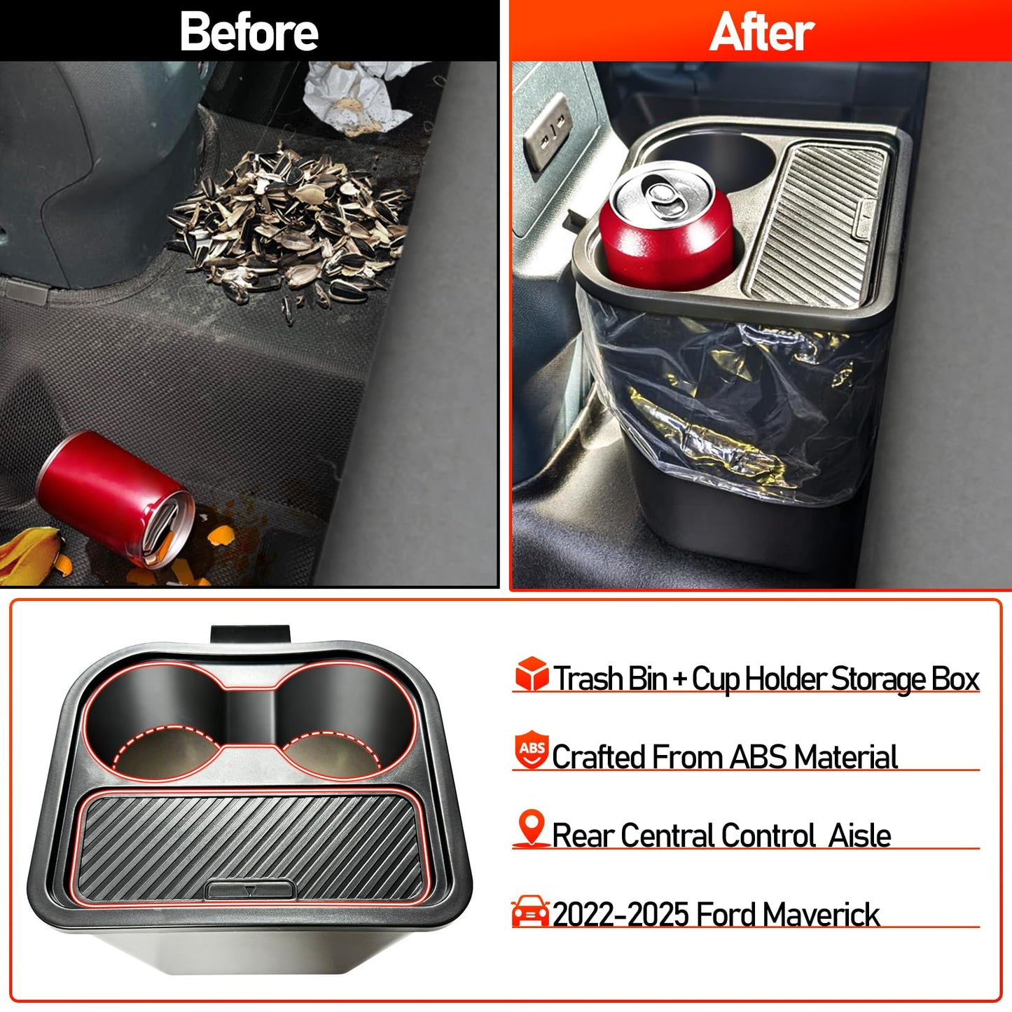 WRWJL Trash Can for Ford Maverick 2025 2024 2023 2022,Upgraded Rear Trash Bin with Dual Cup Holder for Maverick Interior Accessories,Multi-Function Insert Expander Storage Box Organizer 2025 New