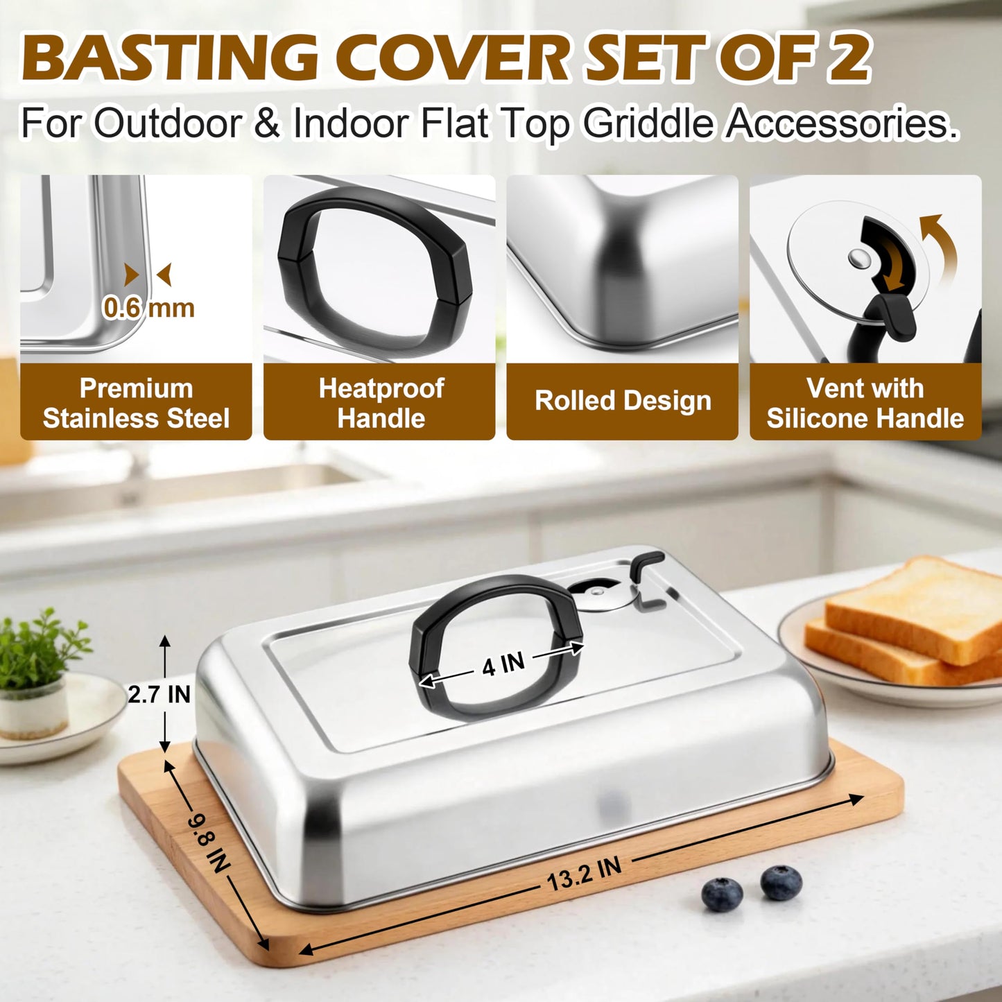 Leonyo 33 x 24 cm Rectangular Basting Cover Set of 2, with Adjustable Vent, Stainless Steel Metal Cheese Melting Dome Lid Heavy Duty for Outdoor&Indoor Flat Top Griddle BBQ Grilling Buffet Keep Warm