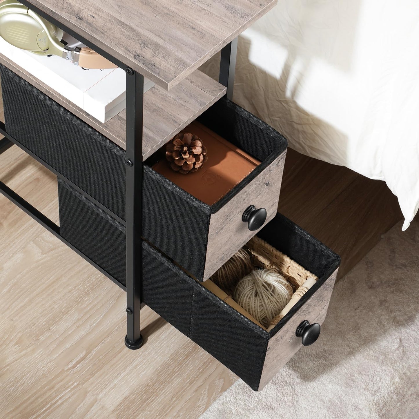 HOOBRO End Table with Charging Station, Narrow Side Table with 2 Fabric Drawers, Skinny Nightstand with Storage, Slim Bedside Table for Living Room, Small Spaces, Greige and Black BG487UBZ01