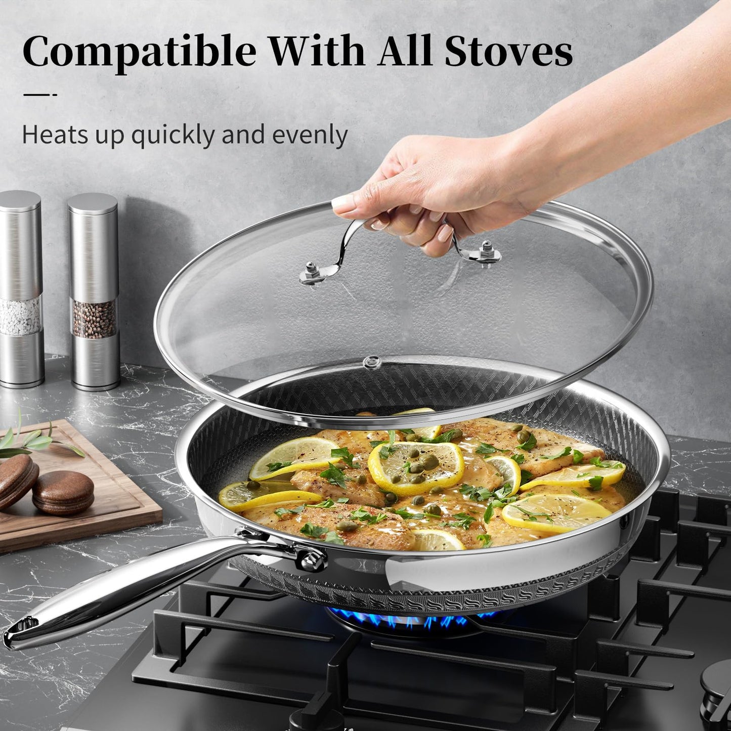 Non Stick Frying Pan with Lid, 10 Inch Hybrid Tri-Ply Stainless Steel Non Stick Skillet W/Lid Titanium Ceramic Nonstick Cookware No Toxic Induction Omelette Frying Pan, Oven Safe, PFAS/PFOA/PTFE Free