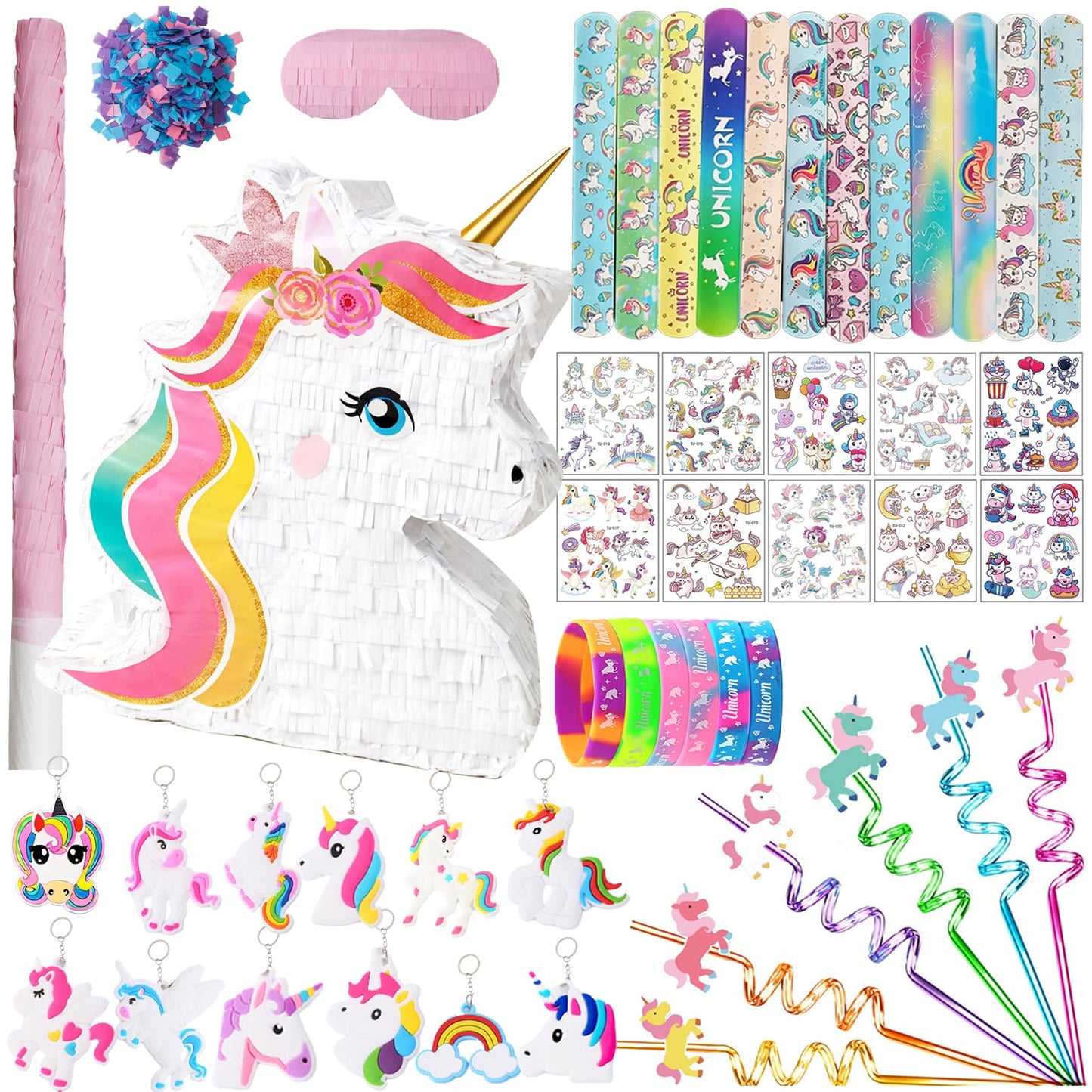 Unicorn Pinata Party Supplies Favors for Girl Birthday Party Unicorn Theme Party Supplies with Unicorn Pinata Headbands Straws Slap Bracelets Keychains Silicone Bands and Stickers (White)