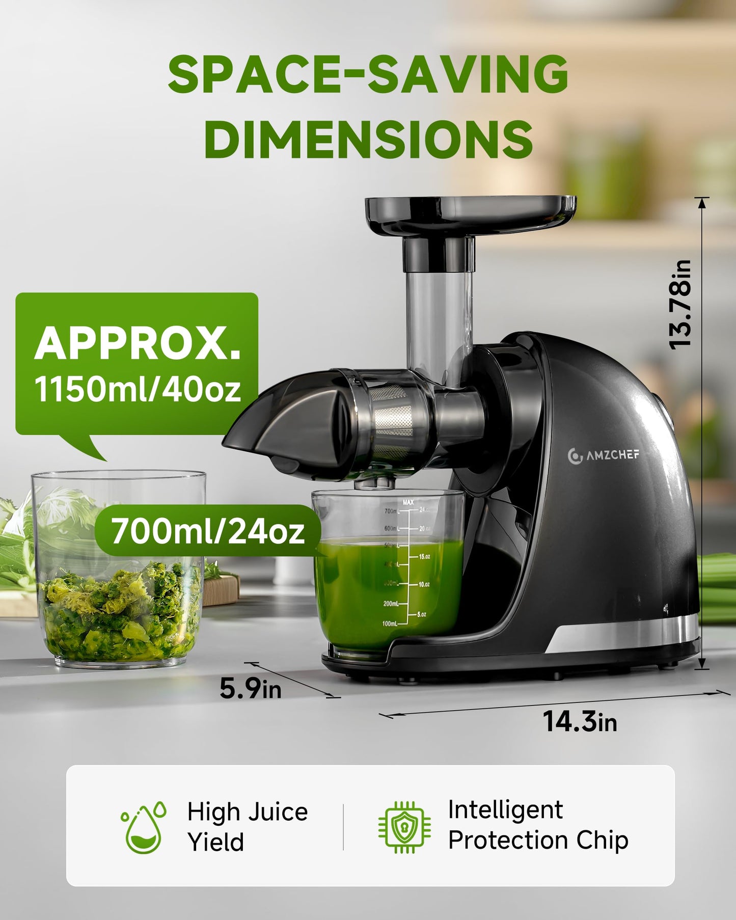 Juicer Machines - AMZCHEF Cold Press Masticating Juicer whole Fruit and Vegetable - Delicate Chew No Need to Filter - BPA Free Juice Extractor with 2 Cups and Brush- Ebony