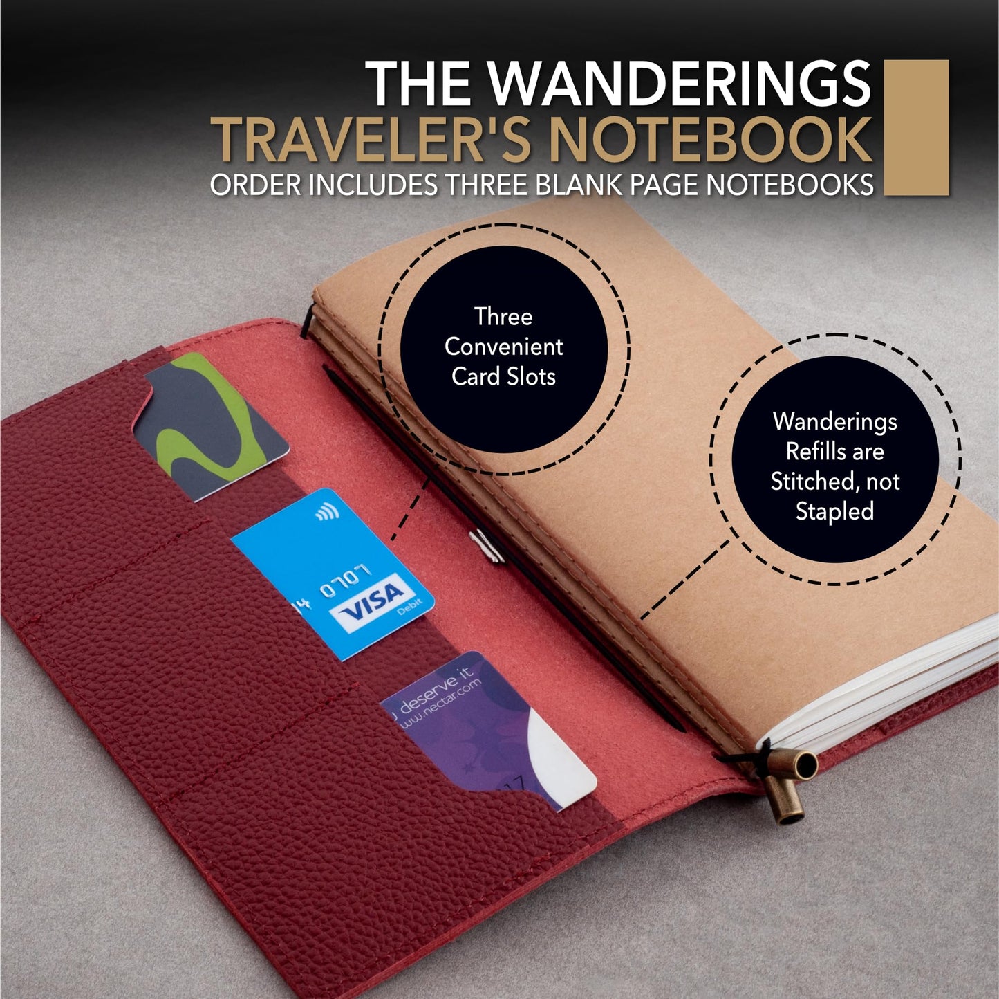 Wanderings Regular Size Travelers Notebook with Pockets - 4.75" x 8.5" (12 x 22cm) - Refillable Travelers Journal - Beautifully Handcrafted, Red Leather Journal, includes 100 GSM Blank Inserts