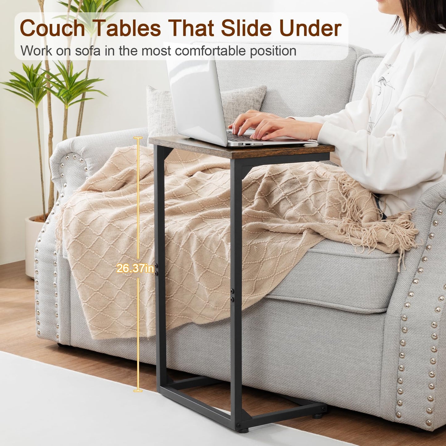 AMHANCIBLE C-Shaped End Table Set of 2, 26.37" H, Couch Tables that Slide Under Sofa, Sturdy Side Table for Living Room, Bedroom, Small Space, Rustic Brown, HET02BBR