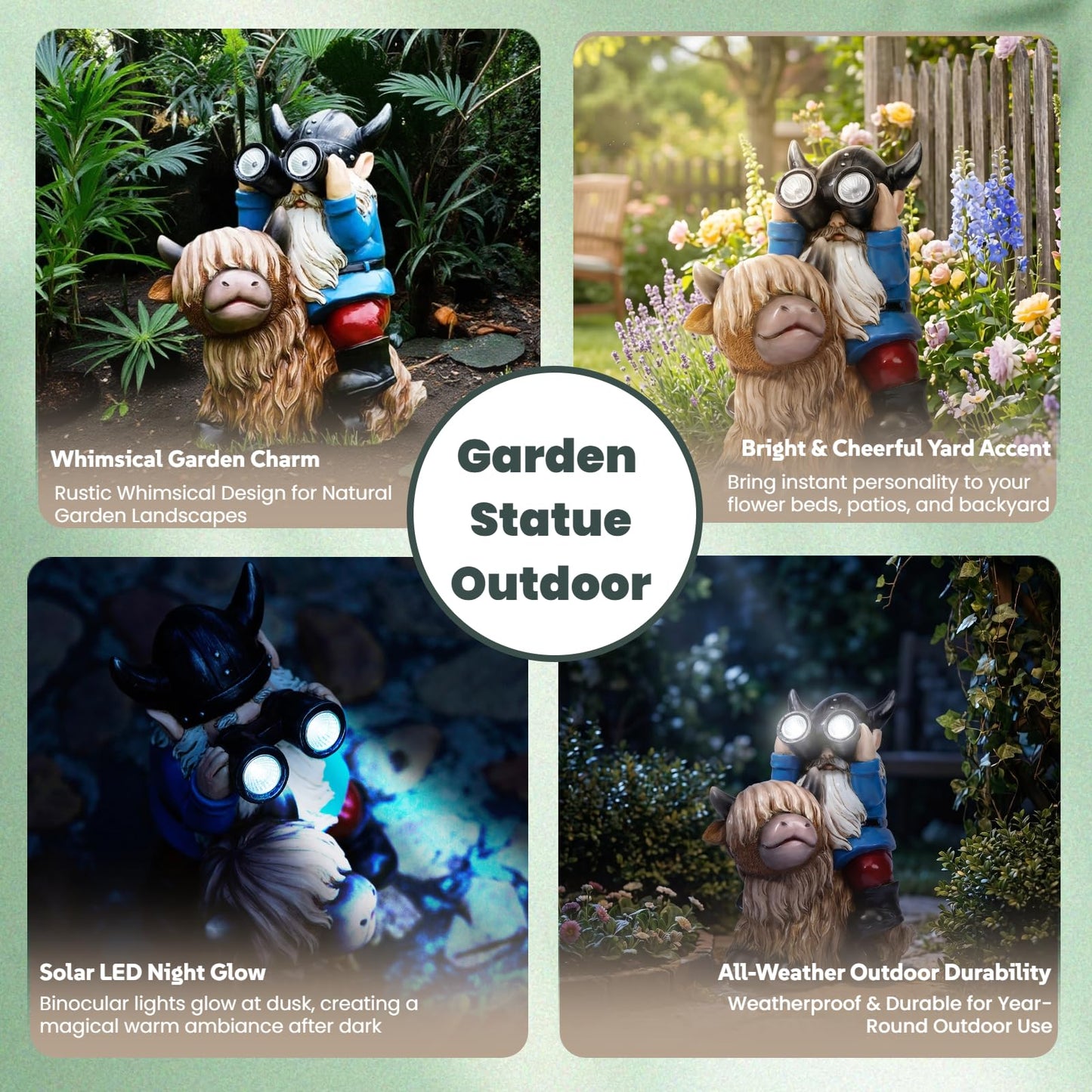 Joint Honglin Garden Gnome Statues Resin Gnome Sitting on Highland Cow Solar LED Lights Outdoor Telescope Gnome Decorations