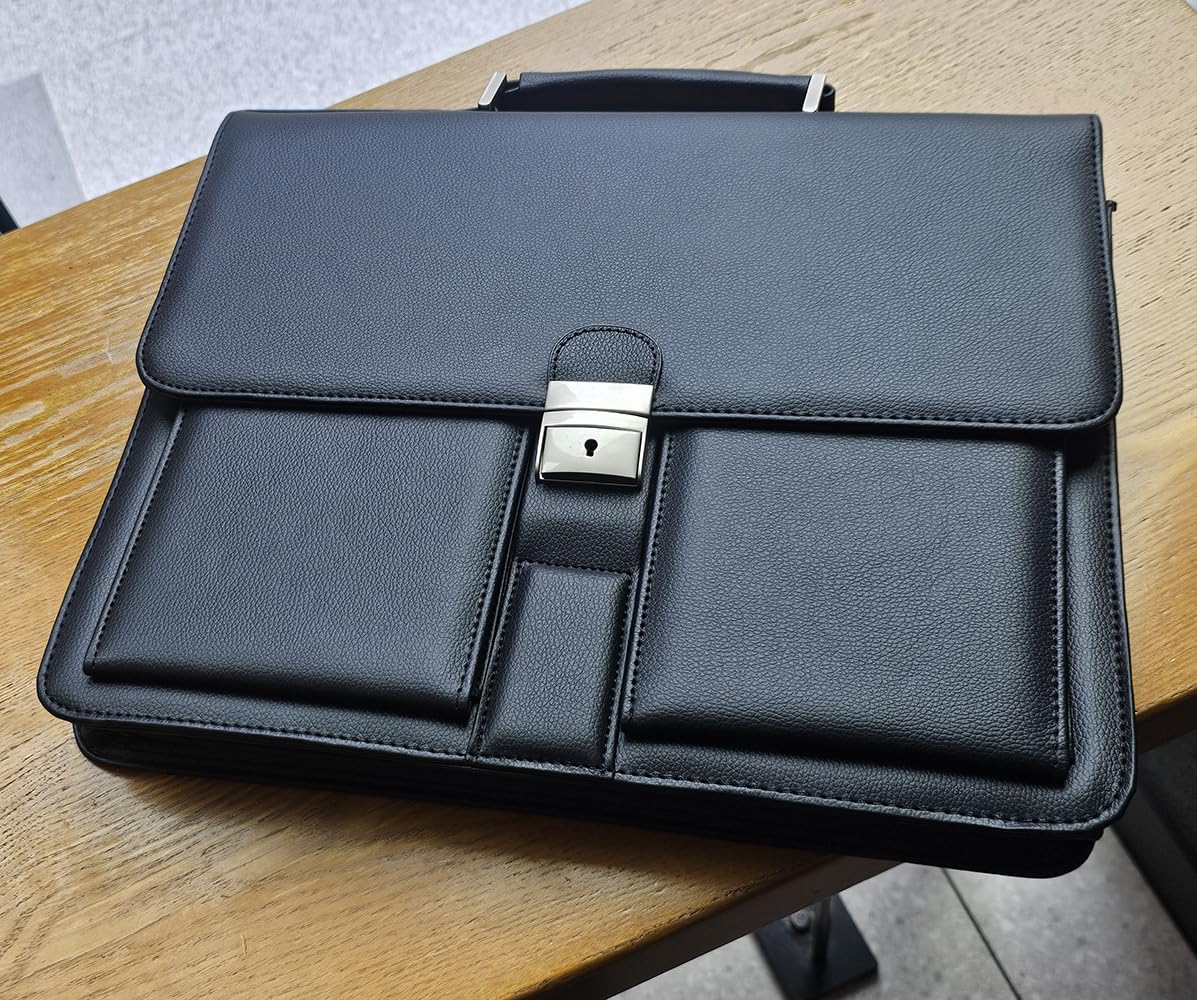 Mens Leather Briefcases Office Attorney Attache Case Ideal Gift Messenger Bag w/Padded Compartment for 14" Laptop, Black