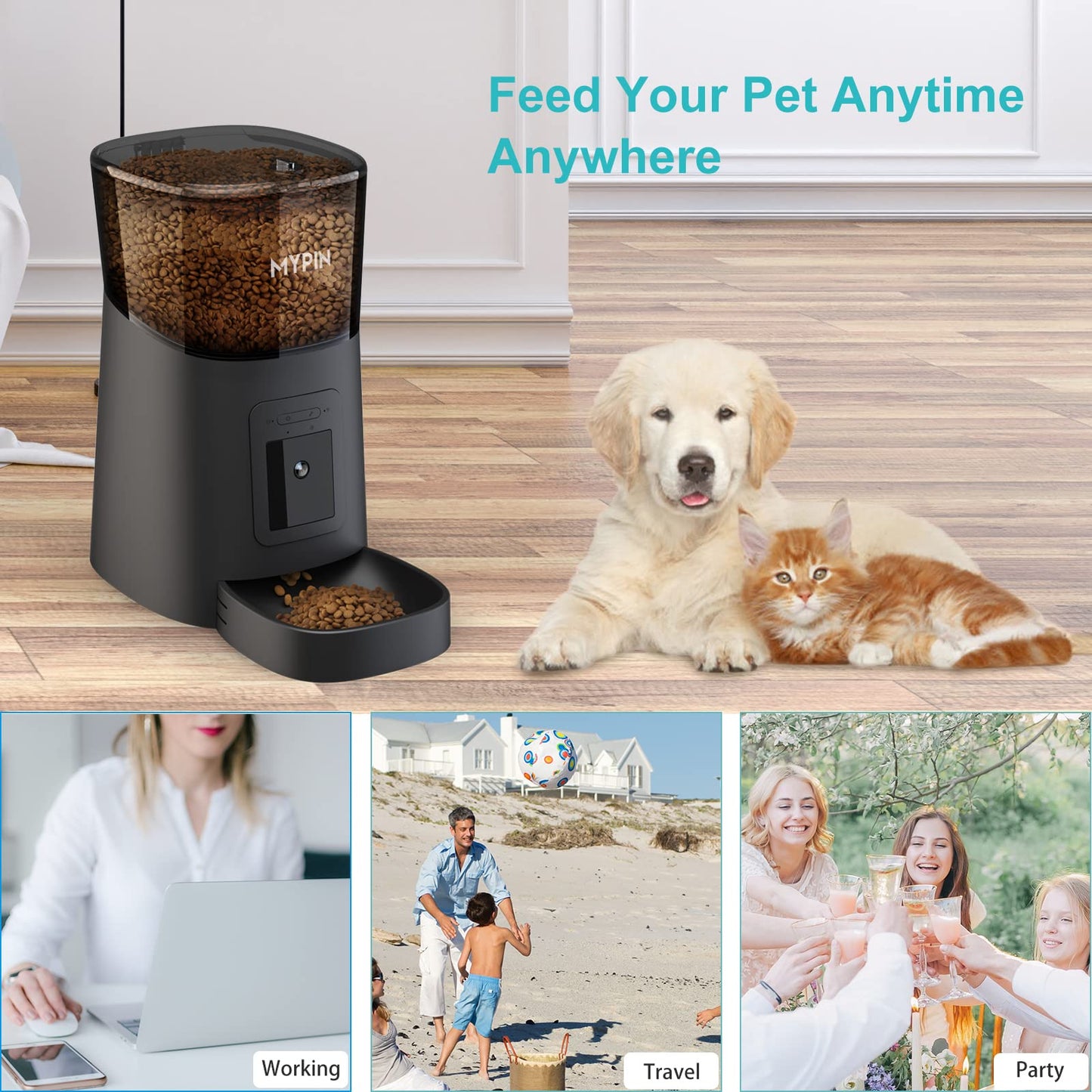 Video Automatic Pet Feeder with HD Camera, Food Dispenser for Cats and Dogs WiFi Smart Feeder with Camera 6L 2-Way Audio, Mobile Phone Control, Timed Feeder, Desiccant Bag Up to 8 Meals per Day… (Black)