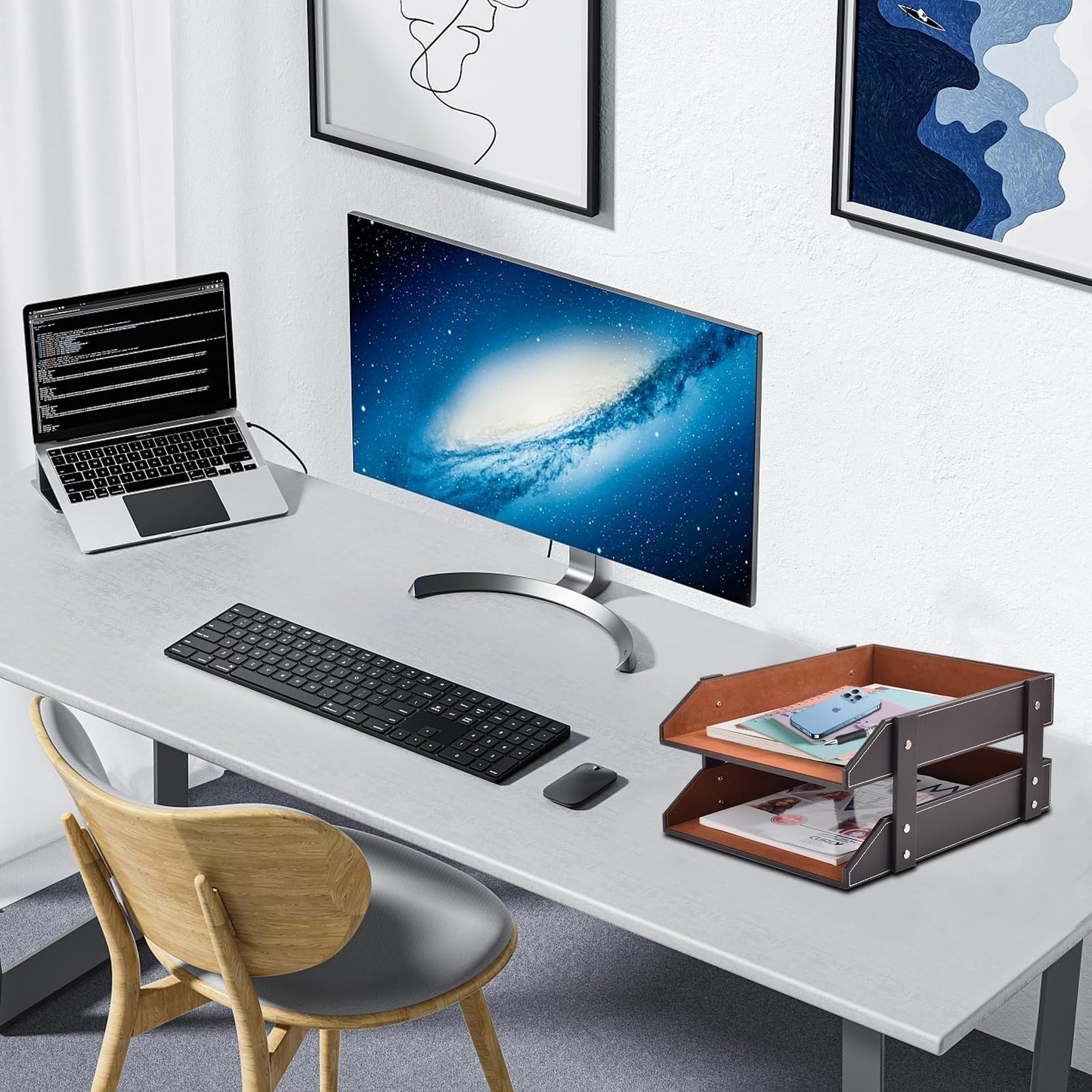 Leather Desk File Supply Organizer,Stackable Office File Document Tray for Files, Folder, Stationery, Magazine, Newspaper, Mail, Home Sundries Desktop Organization Holder,Coffee