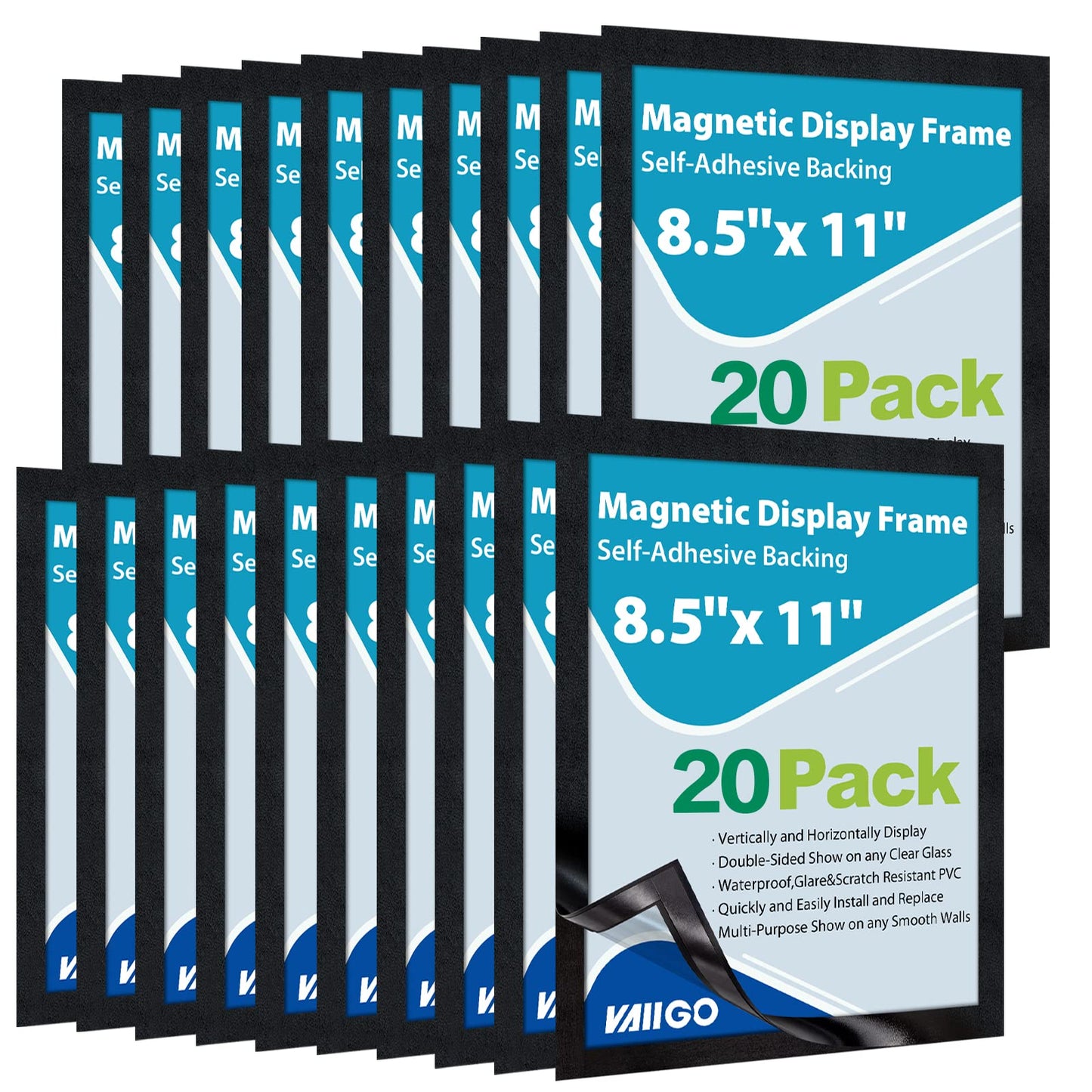 VAIIGO 8.5"x 11" Self Adhesive Sign Holder, Double Sided Window Display Frame with Clear PVC and Strong Magnetic for Office, Home, Store, Door, Glass, Wall (Black, 20 Pack)