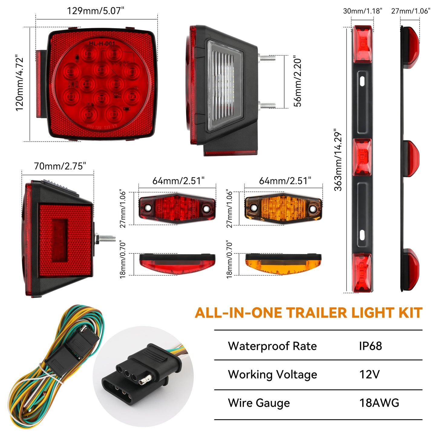 RVZONE Trailer Lights LED Kit, 12V Submersible Boat Trailer Lights Utility Led Lighting with License Plate Lights, Marker Brake Lights, Wiring Harness, for Trailer Boat Truck RV