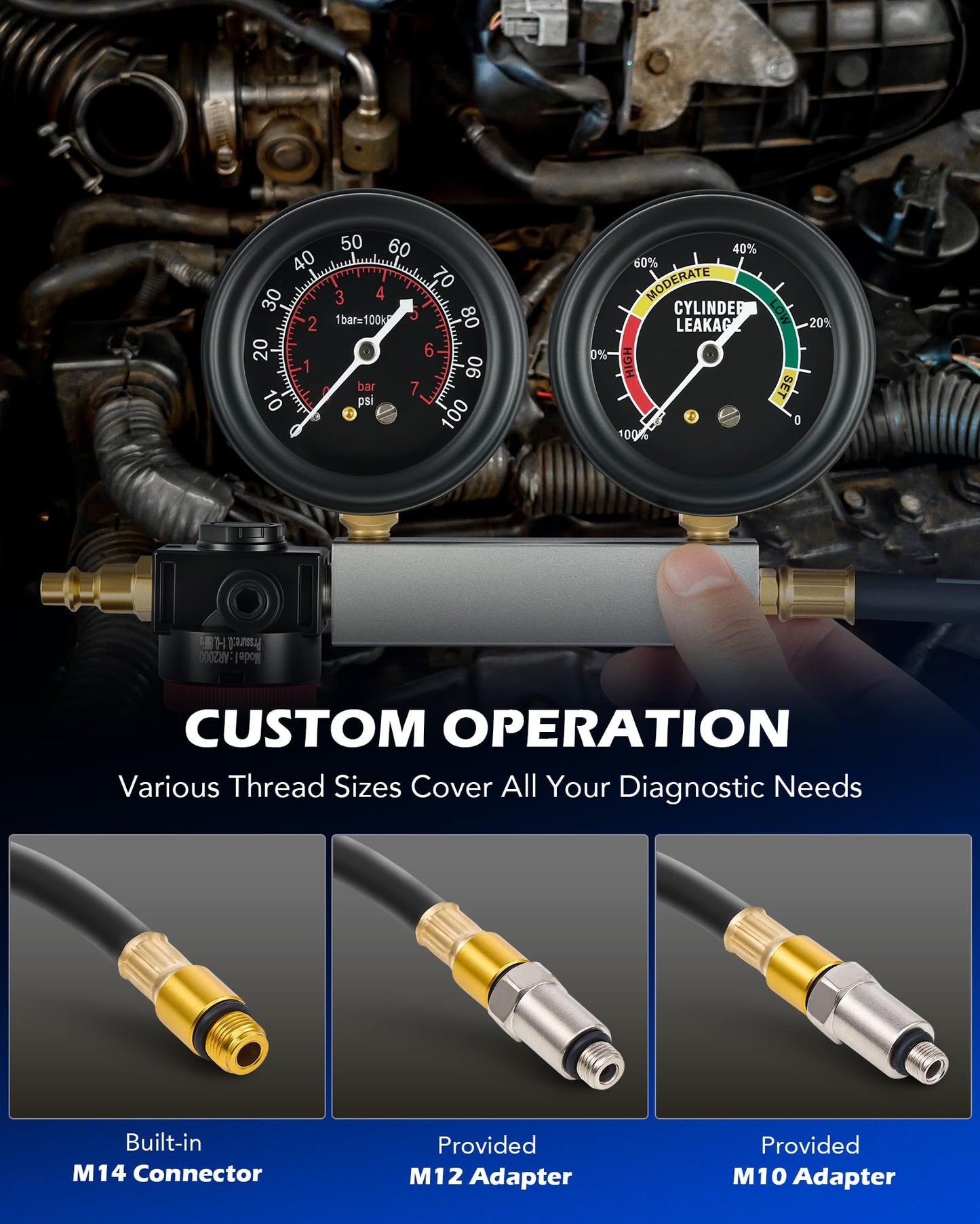Orion Motor Tech Cylinder Leak Down Tester Kit, Dual-Gauge Automotive Engine Leakage Tester for Petrol Engines, Adjustable Leakdown Diagnostic Detector Tool Kit with Spark Plug Adapters
