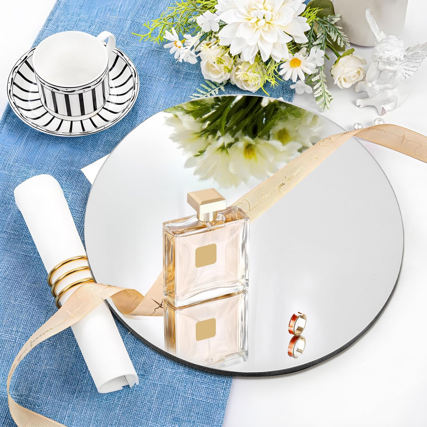 Cheardia 12 Pack Round Mirror Candle Plate Set - 12 Inch Centerpieces for Tables, Circle Glass Trays 1.7mm Thick, Mirror Tiles for Wedding Decorations, Party, Wall Decor