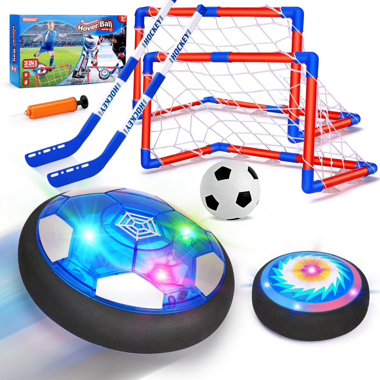 3 in 1 Hover Soccer Ball Toddler Hockey Set with LED Lights Indoor Toys for Kids Soccer Gift for Boys 6-8 8-12 Kids Sports Soccer Games 3 4 5 6 7 8 9 10 Year Old Boy Gift Ideas Birthday Gift