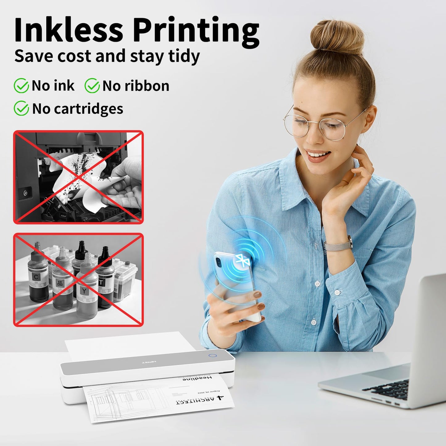 HPRT Inkless Portable Printer Wireless for Travel,Thermal Printer Supports 8.5" x 11" US Letter&A4&A5,Compatible with iOS,Android, Laptop, MT610 Pro,300 DPI,White