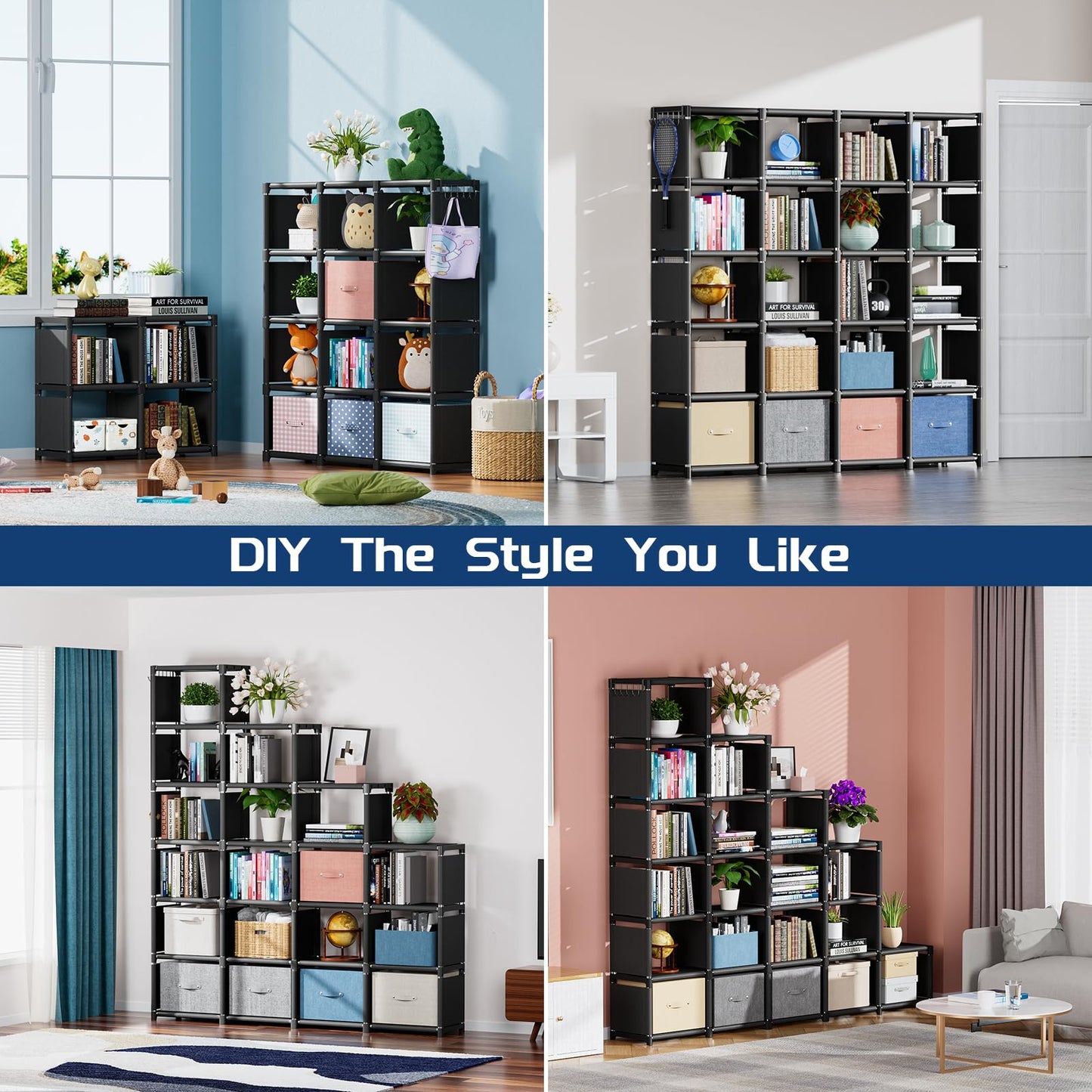 Mavivegue Book Shelf, 20 Cube Storage Organizer, DIY Bookcase, Metal Bookshelf, Display Shelf, Tall Bookcase for Bedroom, Living Room,Office,Closet, Black Cubicle Rack