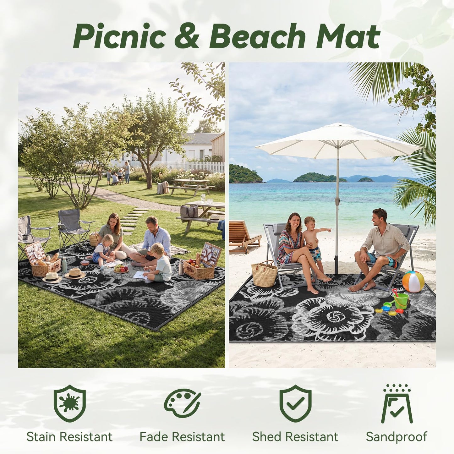 COCOER-Outdoor Rug-Patio Rug 5x8 ft Waterproof Outdoor Patio Rug Picnic Mat Outside for Courtyard Deck Balcony Backyard Reversible Portable Tapis Exterieur Black White Floral
