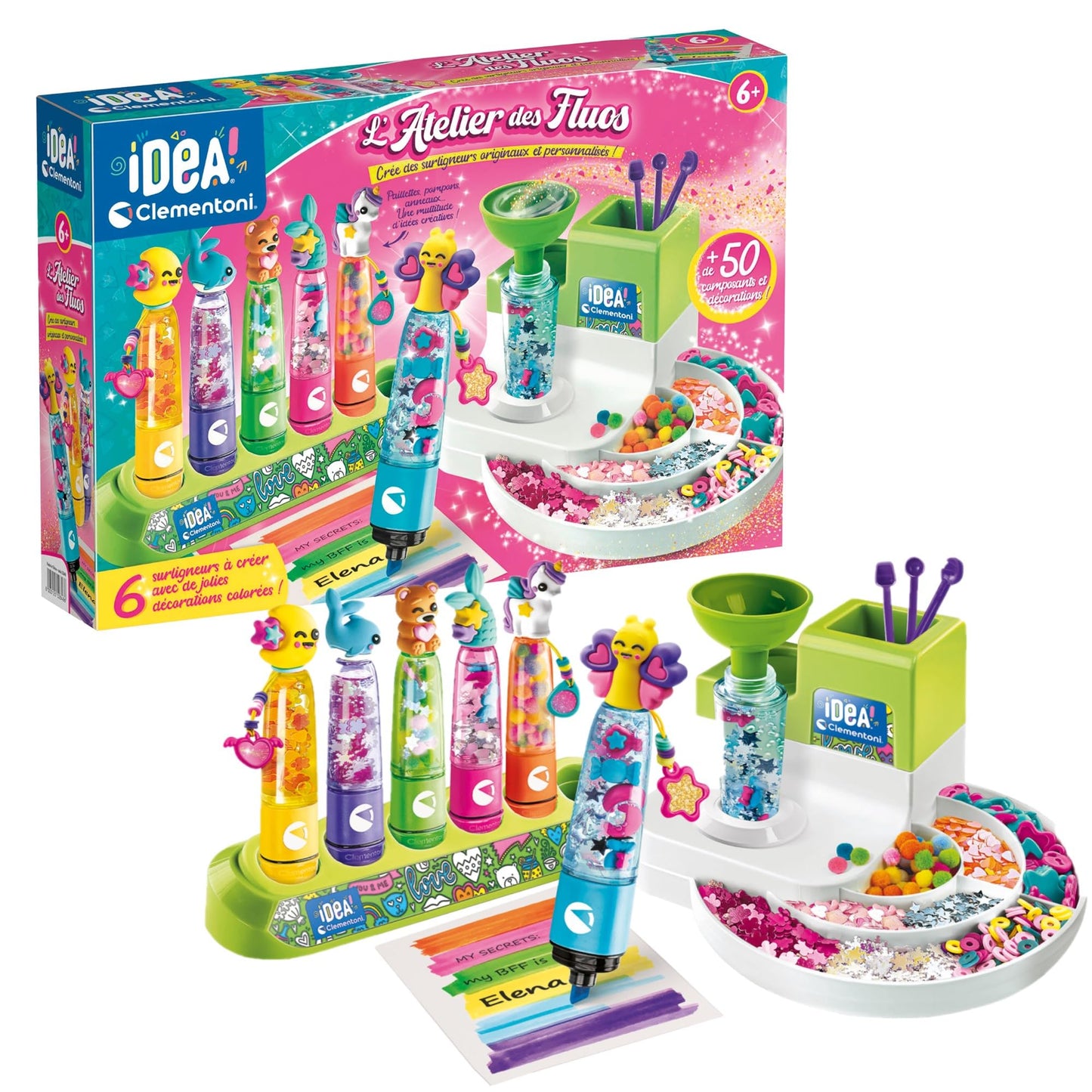 Clementoni - Idea - L’ Atelier des Fluos - Crée des Surligneurs Personnalisés – Paillettes Pompons et Anneaux pour des Idées Créatives - d'Artisanat – Coffret de Jeu Éducatif – Français – 52848