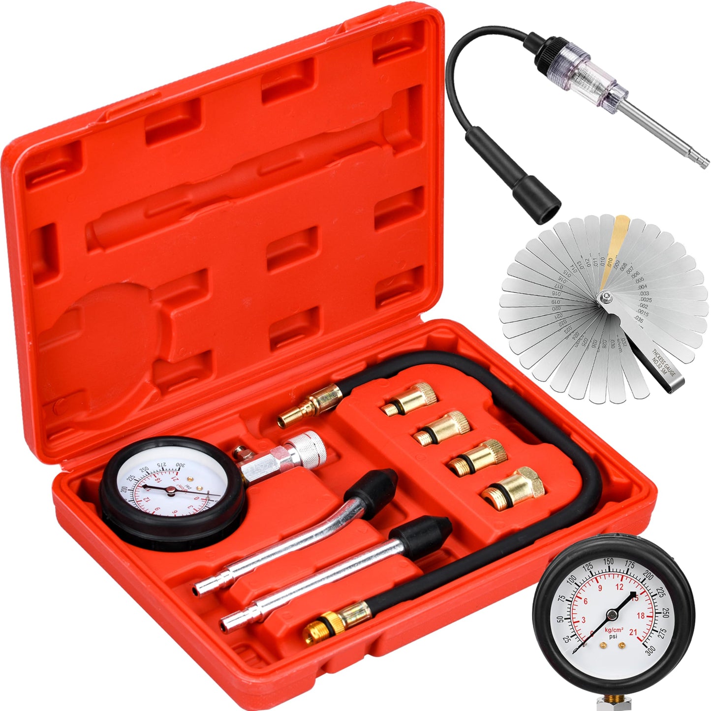 BEAUGIREW 10 Pieces Automotive Compression Tester kit with Spark Plug Tester and Metric Imperial Feeler Gauge for Car Motorcycle Truck with M10 M12 M14 M18 Adapters ﻿