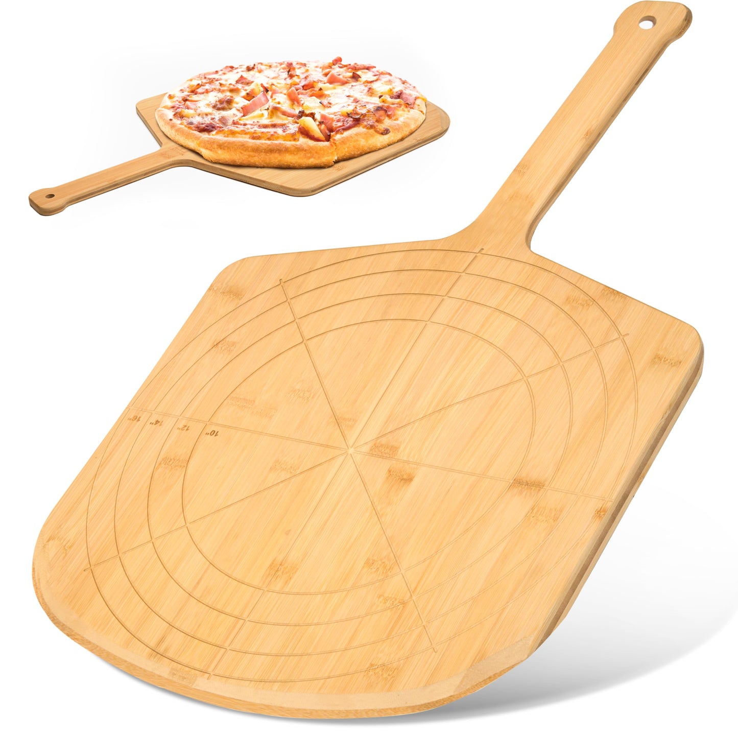 Loftern 16-Inch Bamboo Wood Pizza Peel - Multi-Purpose Bamboo Pizza Cutting Board, Wood Pizza Peel, Pizza Spatula Paddle, and Serving Board with Size and Cutting Guide