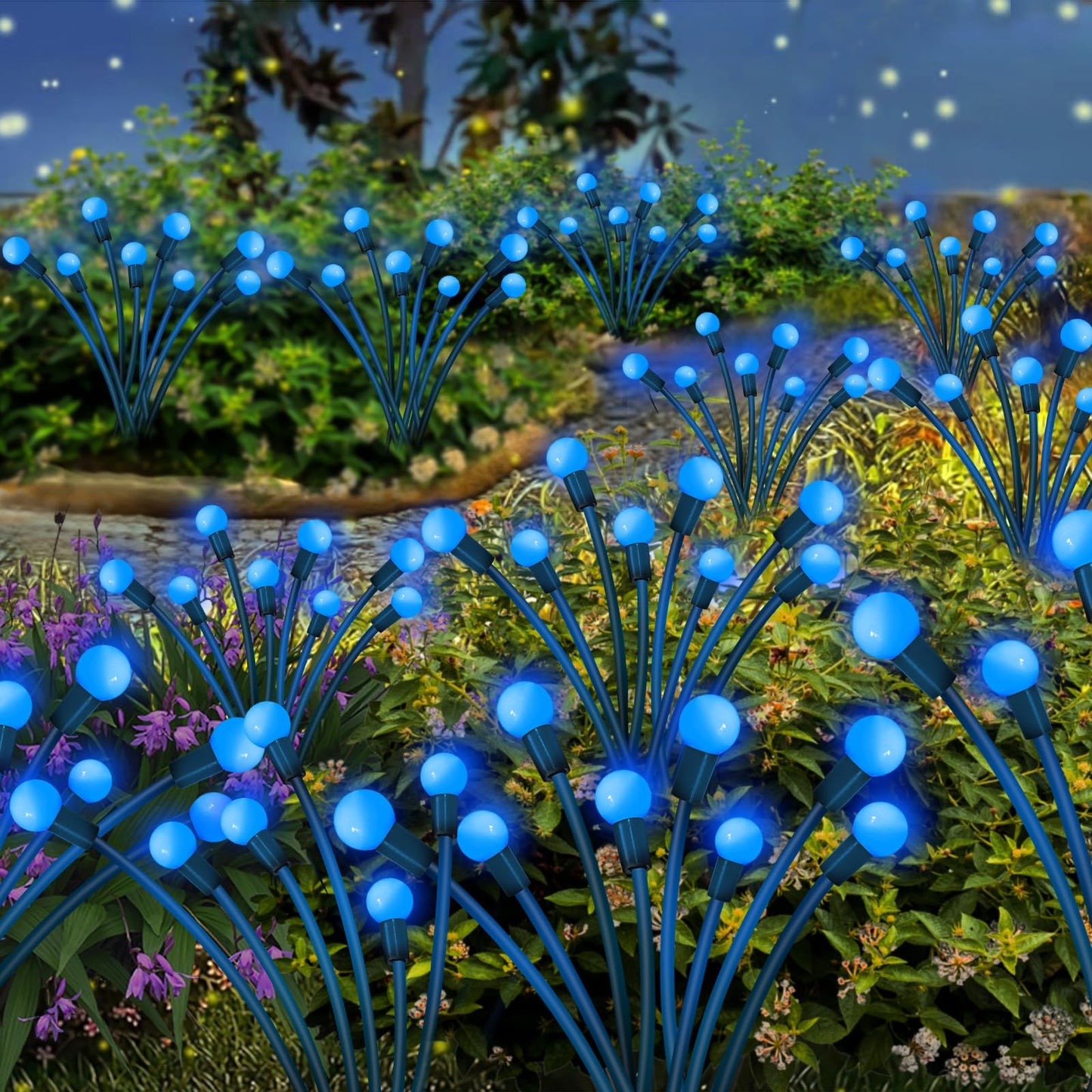 Solar Garden Lights Outdoor, 4 Pack 32 LED Solar Blue Firefly Lights Waterproof, Sway by Wind, Swaying Light for Yard Patio Backyard Garden Planter Flower Bed Pathway Outdoor Decoration