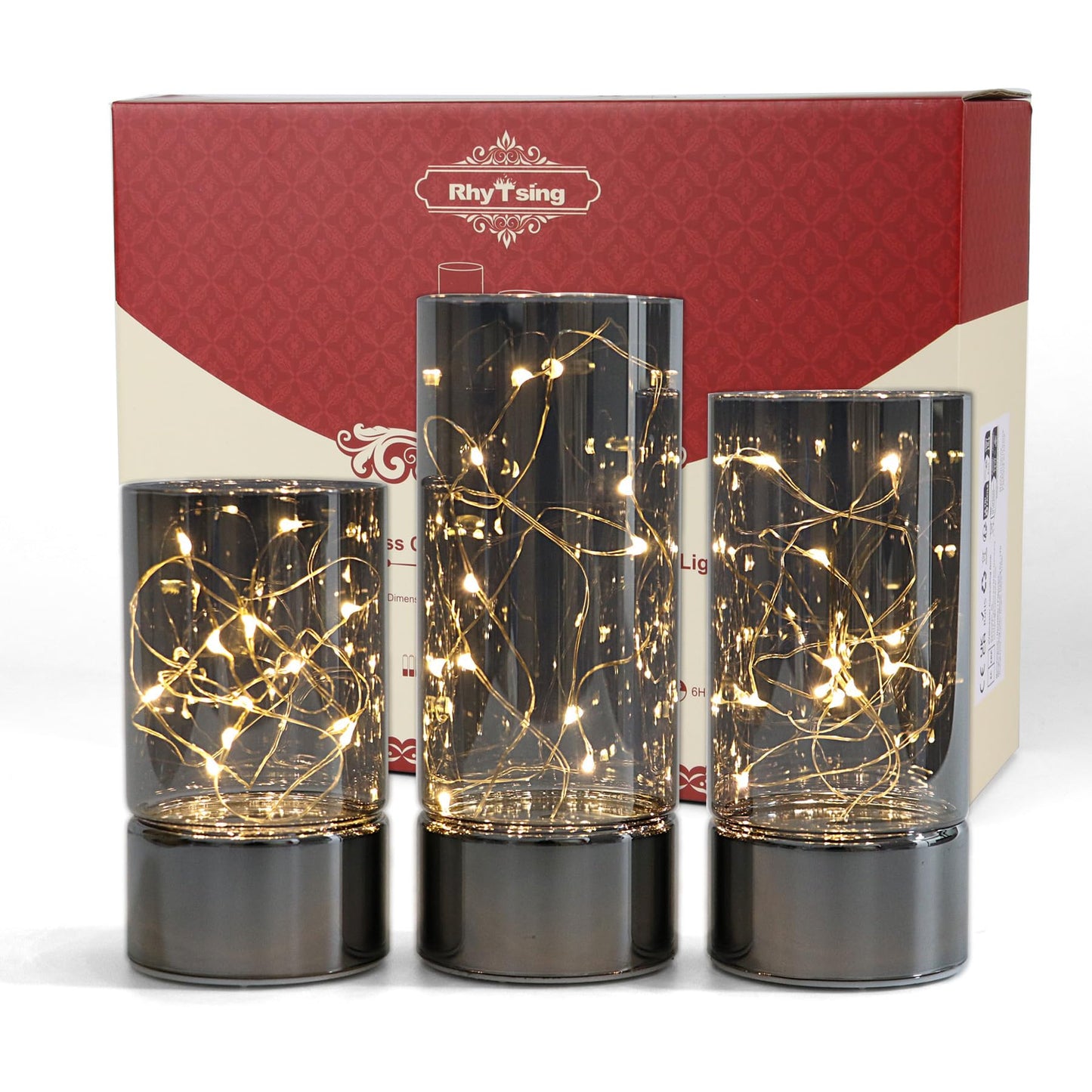 Rhytsing Set of 3 Glass Cylinder Lanterns with Fairy Lights, Decorative Table Lamp Flameless Candle with Timer Function