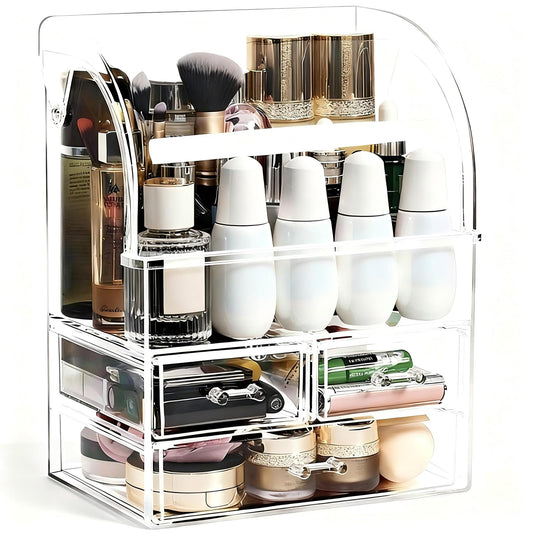 Cosmetic Organizer,Large Acrylic Makeup Storage Organizer Transparent Display Case with Drawers and Closable Lid, Dustproof Waterproof Box for Bathroom Counter Dresser, Lipsticks, Brushes (Clear-L)