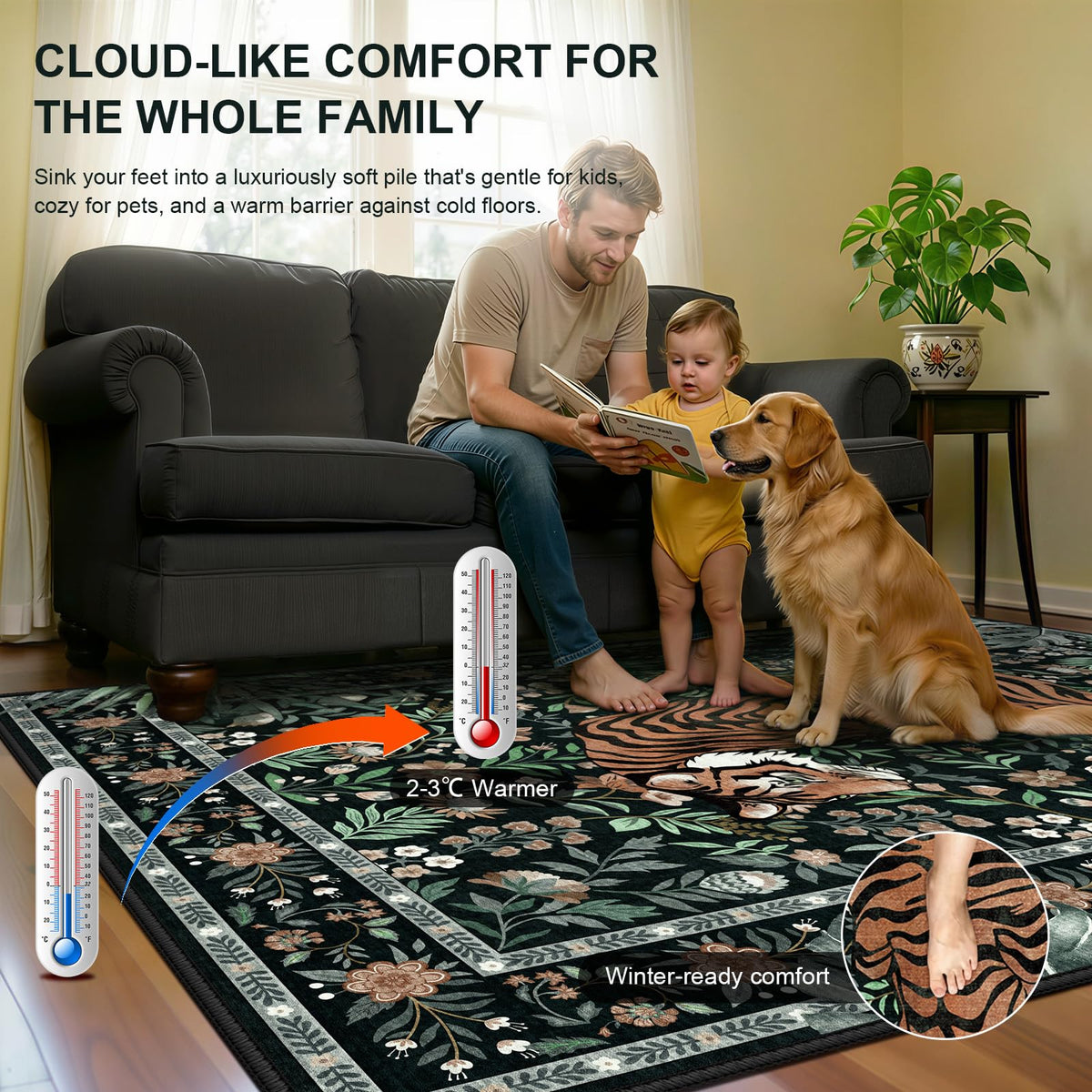 Hroza 5x7 Area Rug for Bedroom Tropical Jungle Tiger Non-Slip Green Rug Kid & Pet Friendly Washable Condo Rugs