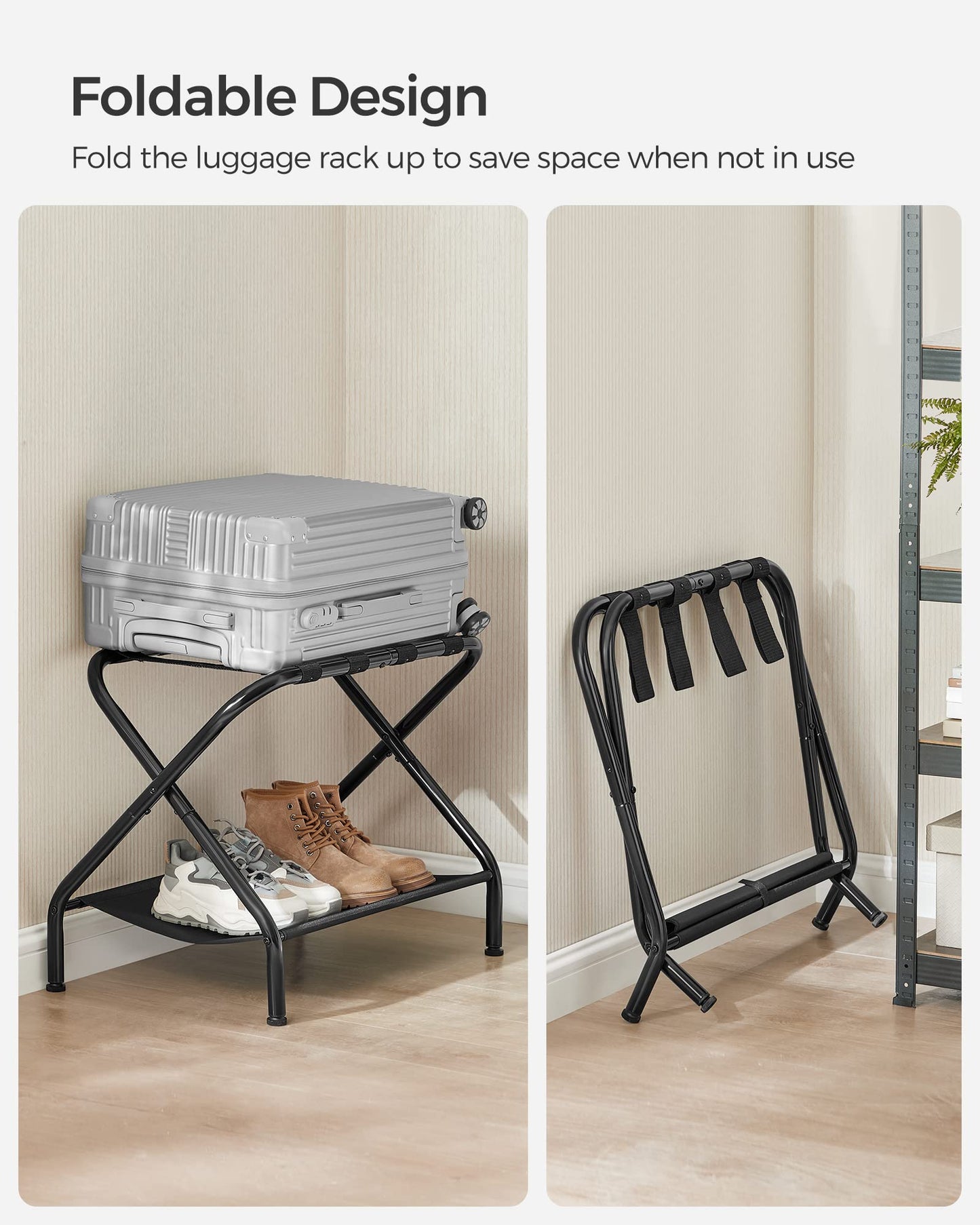 SONGMICS Luggage Racks, Set of 2, Suitcase Stand with Fabric Storage Shelf, for Guest Room, Bedroom, Hotel, Foldable, Holds up to 50 kg, 69 x 38 x 52 cm, Black URLR002B02