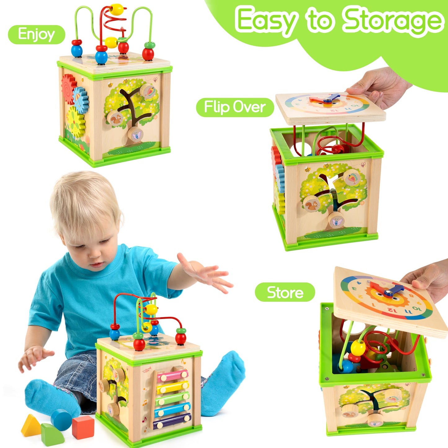 Wooden 7-in-1 Activity Cube| Montessori Toys for 1 2 3 Year Old Toddlers| Baby Educational Developmental Toys |One Year Old Boys Girls First Birthday Gifts |Bonus Sorting & Stacking Board