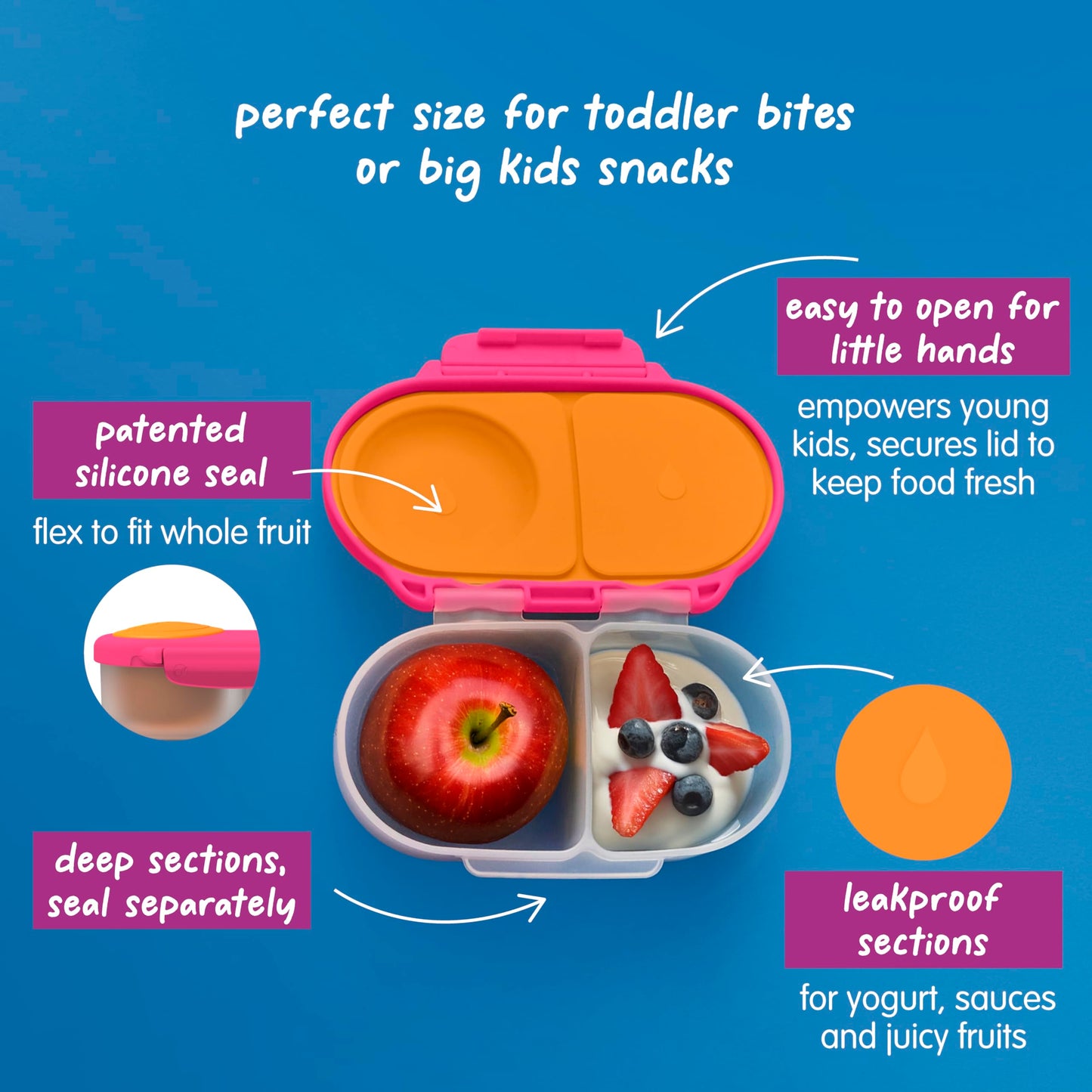 b.box Snack Box (2-Pack) for Kids & Toddlers: 2 Compartment Snack Containers, Mini Bento Lunch Box. Leak Proof, BPA Free, Dishwasher Safe. Ages 4 Months+ (Strawberry Shake + Lilac pop, 12oz Capacity)