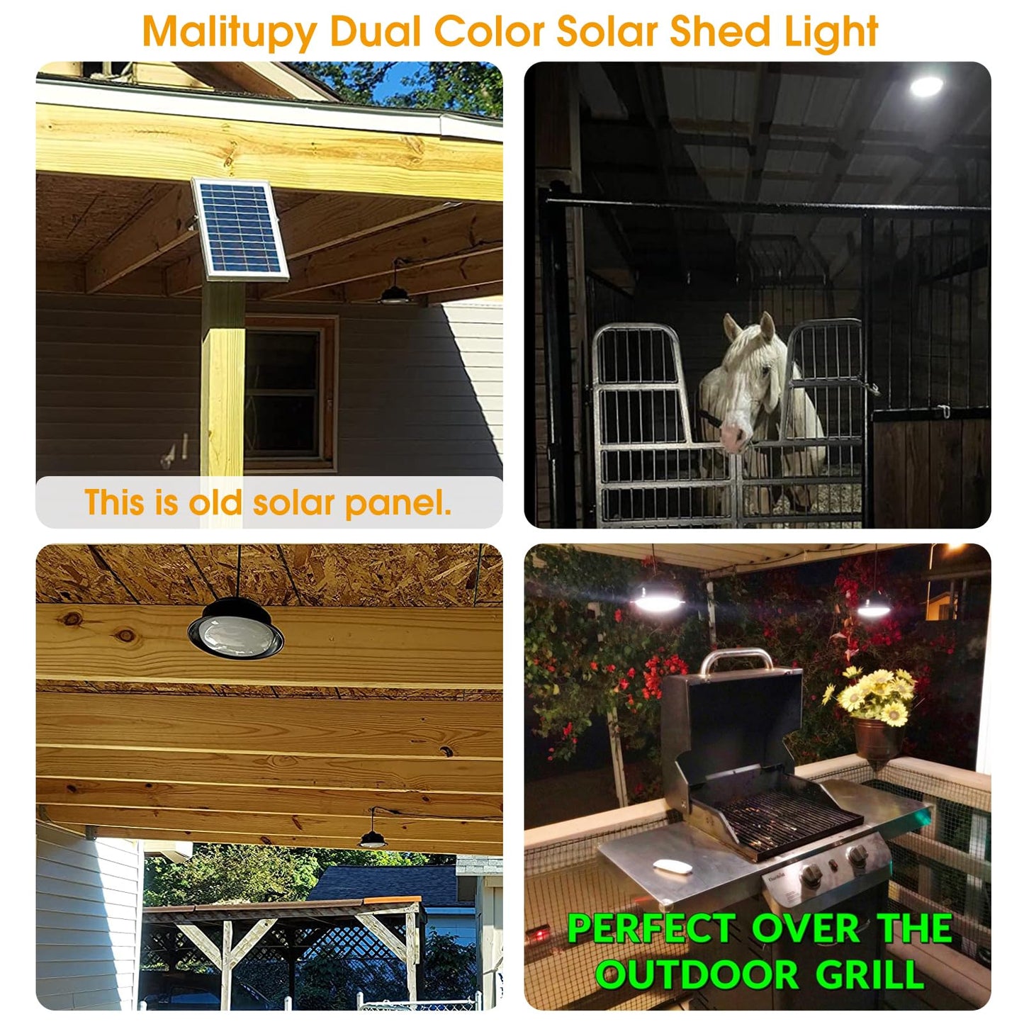 Malitupy Solar Pendant Lights Indoor Outdoor 2 Pack, Daytime Dimmable 120LED Cool/Warm White Solar Shed Lights with ON/Off Switch & Remote, Waterproof Barn Lights for Patio, Porch, Chicken Coop